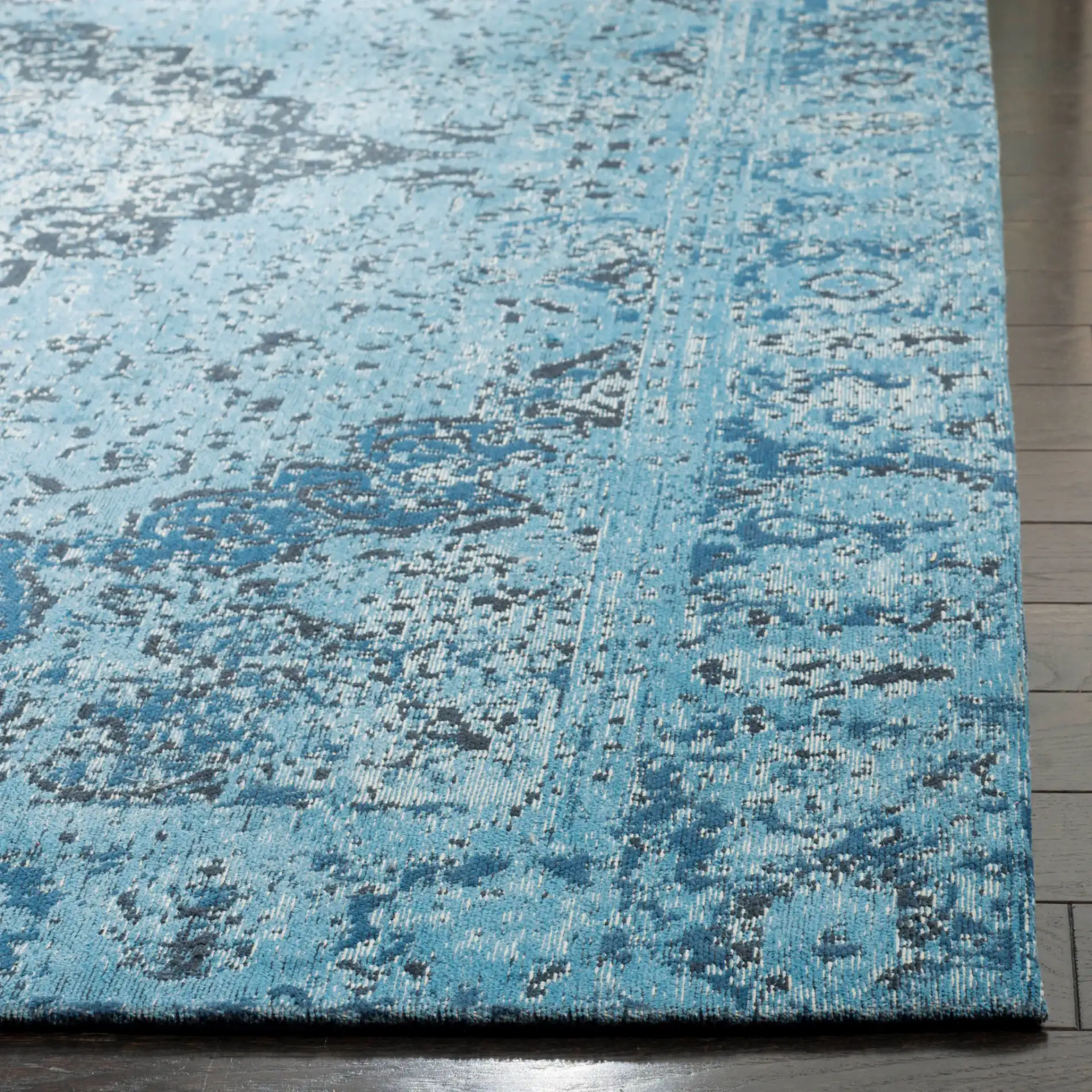 Classic Vintage Distressed Medallion Rug in Blue in a styled room