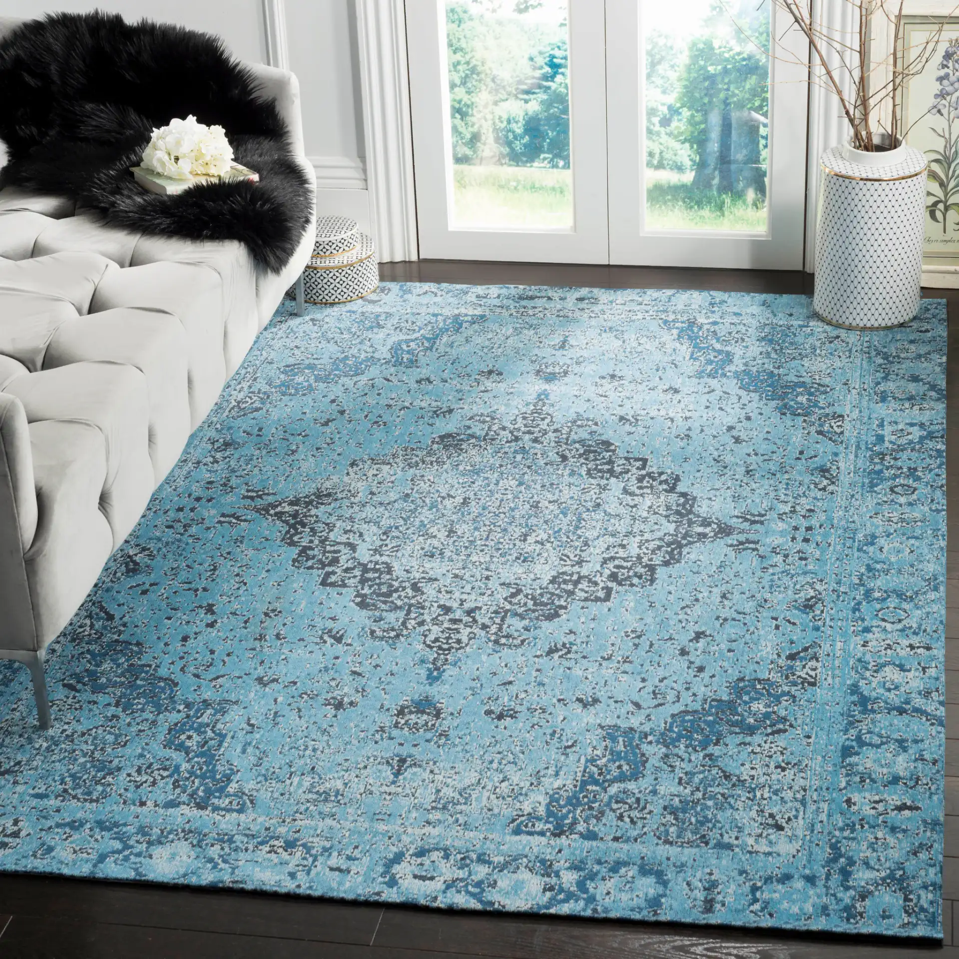Classic Vintage Distressed Medallion Rug in Blue in a styled room