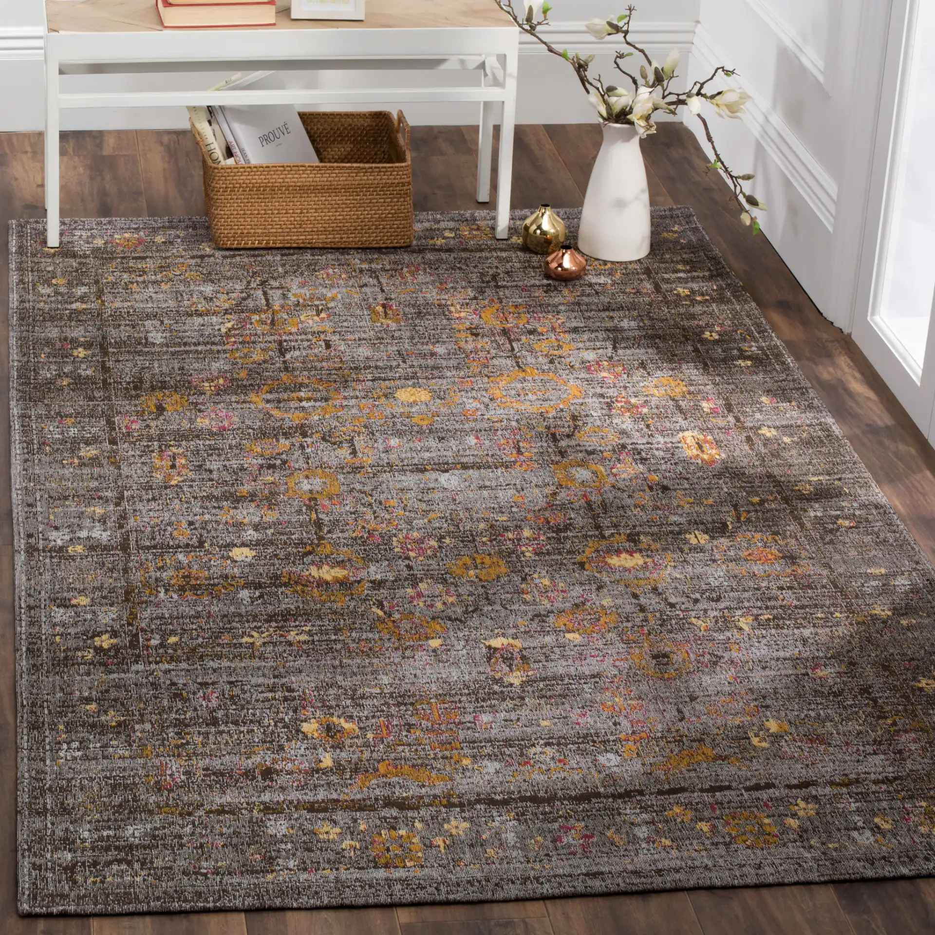 Classic Vintage Bohemian Medallion Rug in Gray / Gold in a styled room