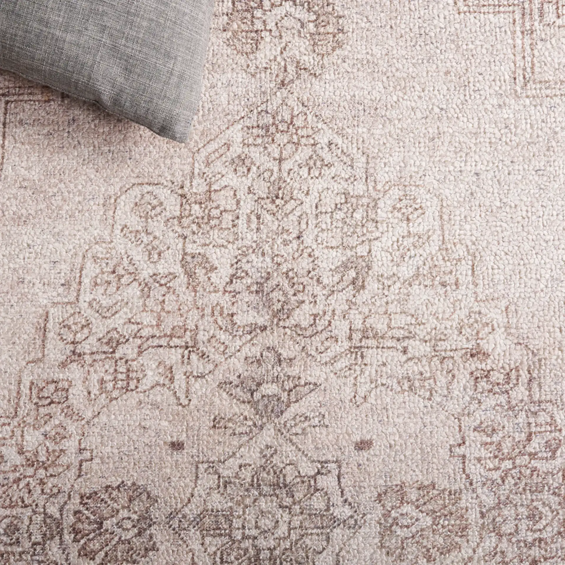 Classic Vintage Stepped Medallion Hand-Tufted Rug in Gray / Beige in a styled room