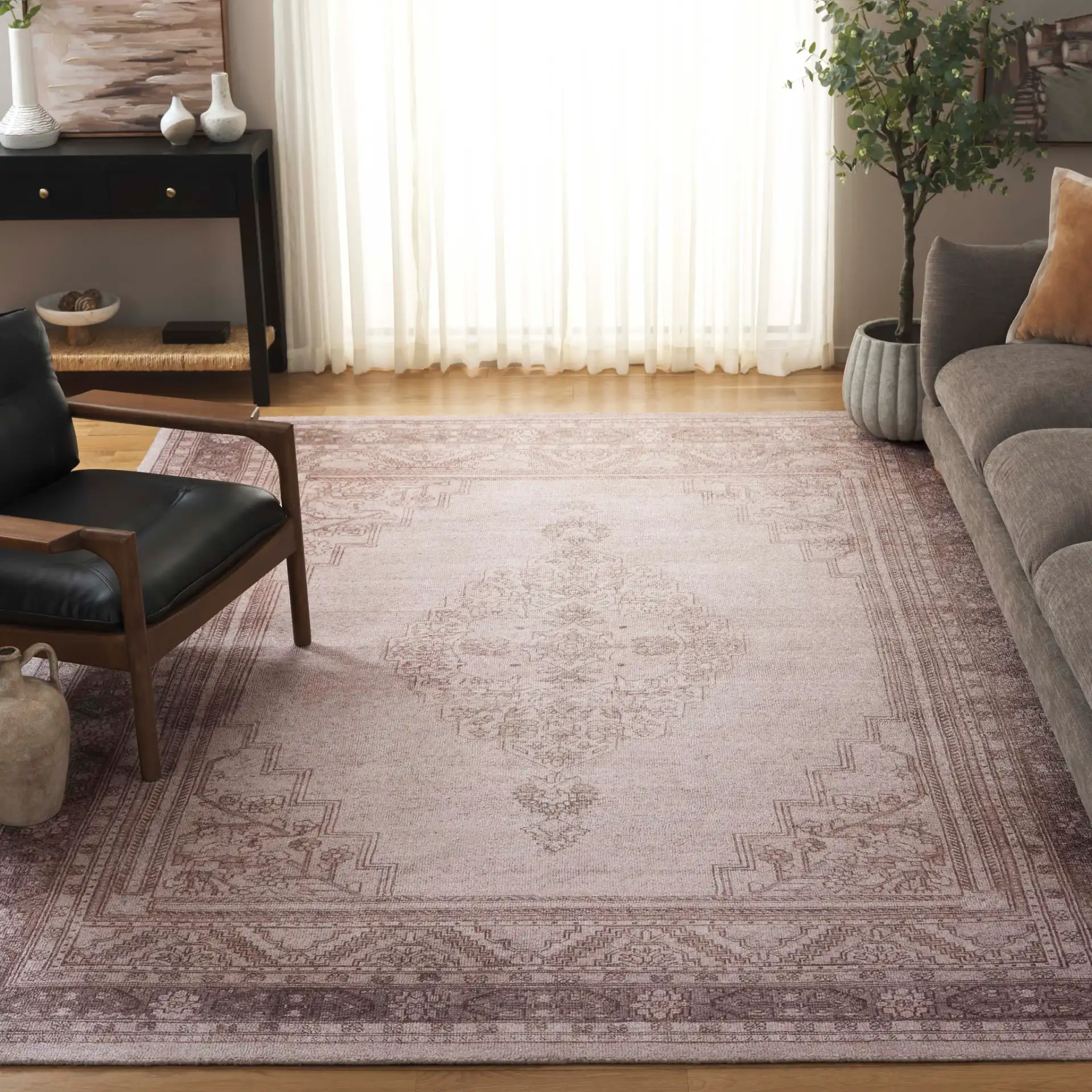 Classic Vintage Stepped Medallion Hand-Tufted Rug in Gray / Beige in a styled room
