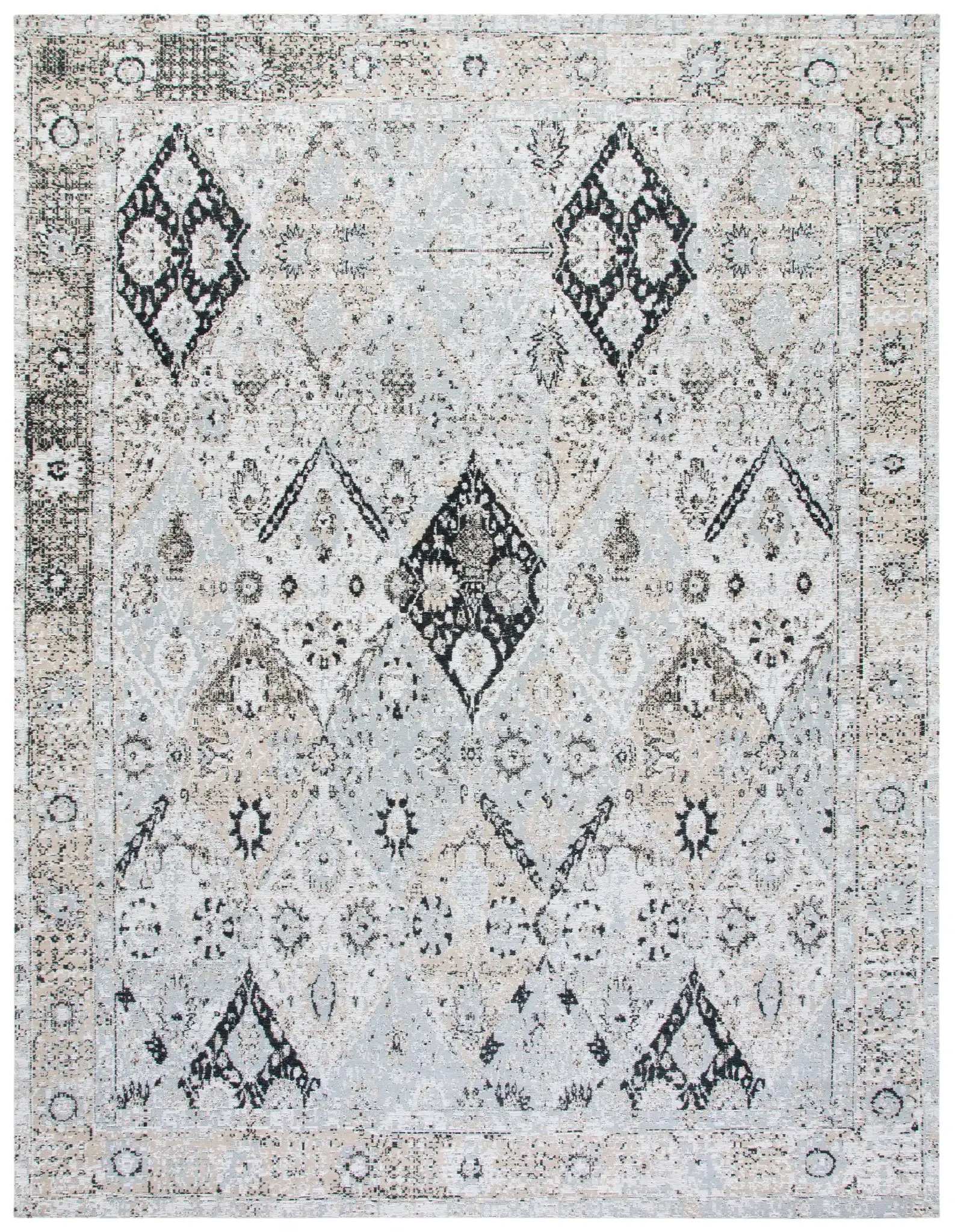 Classic Vintage Distressed Diamond Hand-Loomed Rug in Ivory / Silver