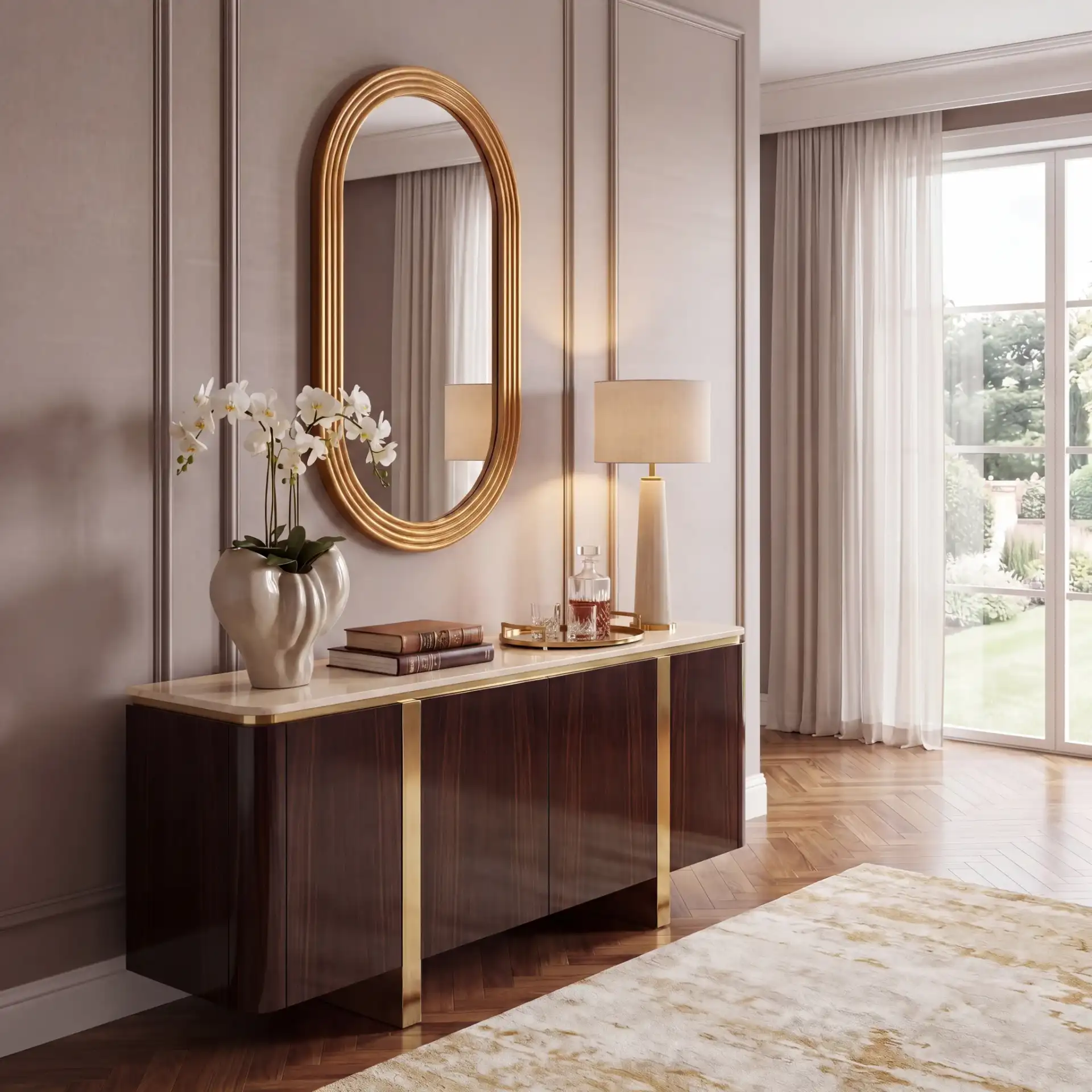 Jeanelle Oval Gold Mirror in Gold in a styled room