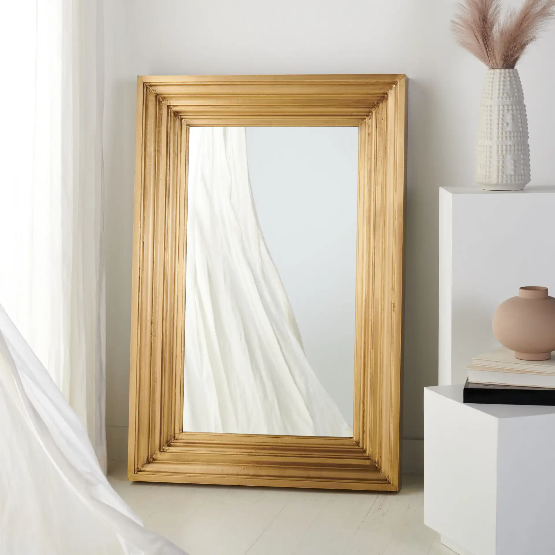 Kerry Large Rectangular Wall Mirror in Silver in a styled room