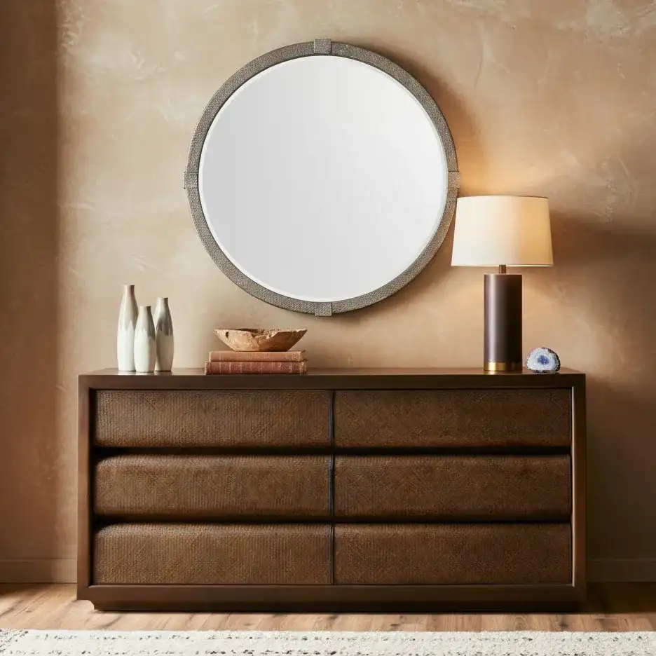 Shailene Metal Round Mirror in Rust in a styled room