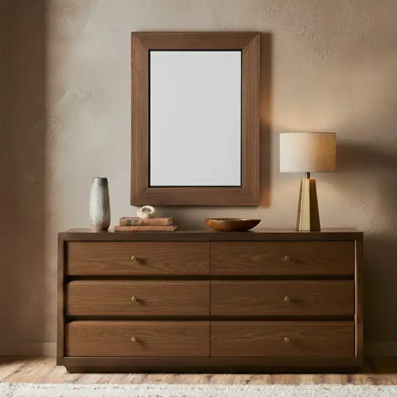Lacarlo Rectangle Wood Mirror in Walnut in a styled room