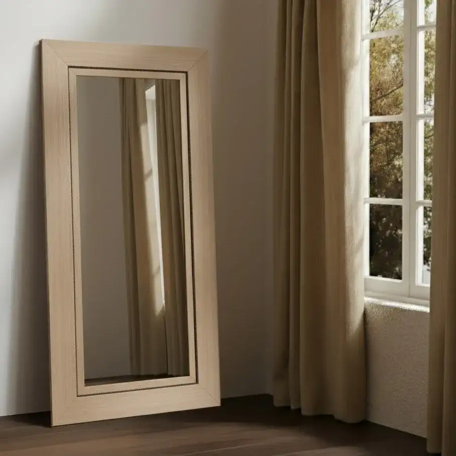 Tenric Large Rectangular Wood Mirror in Natural in a styled room