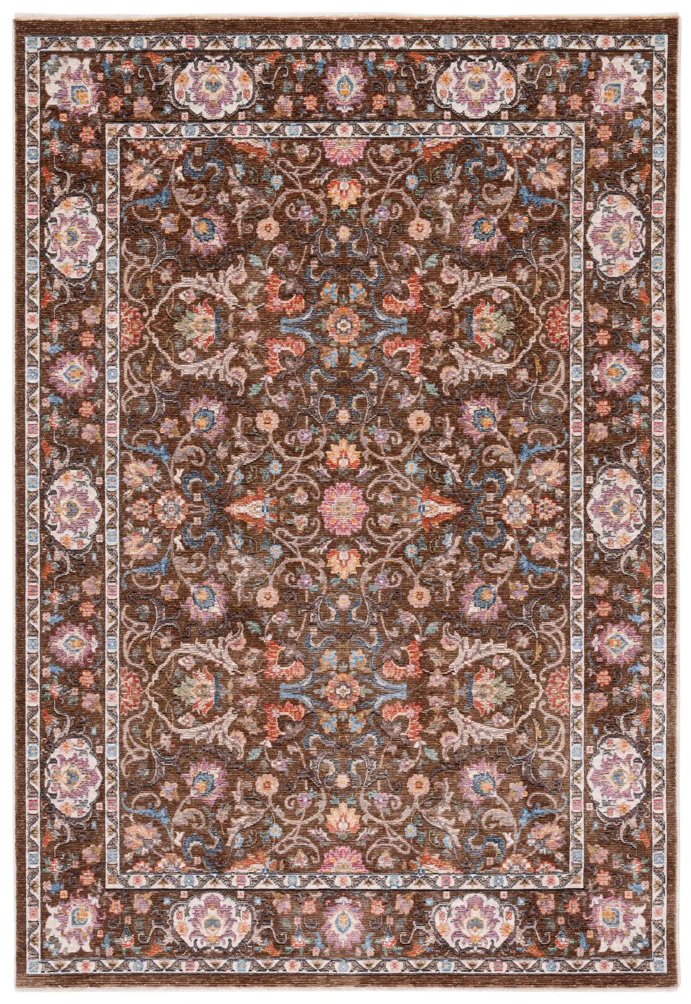 Crimson Floral Border Rug in Brown / Blue