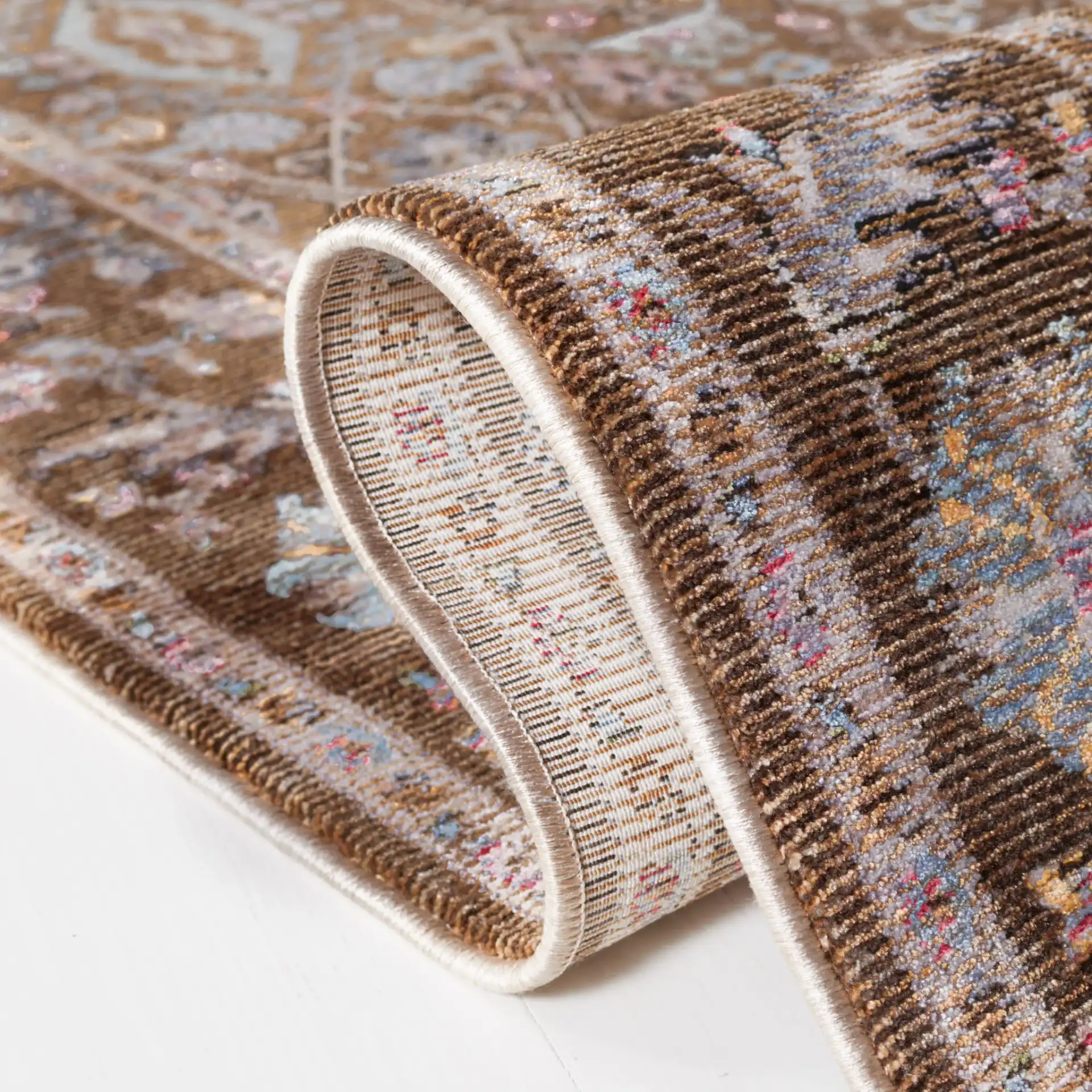 Crimson Floral Lattice Rug in Brown / Blue in a styled room