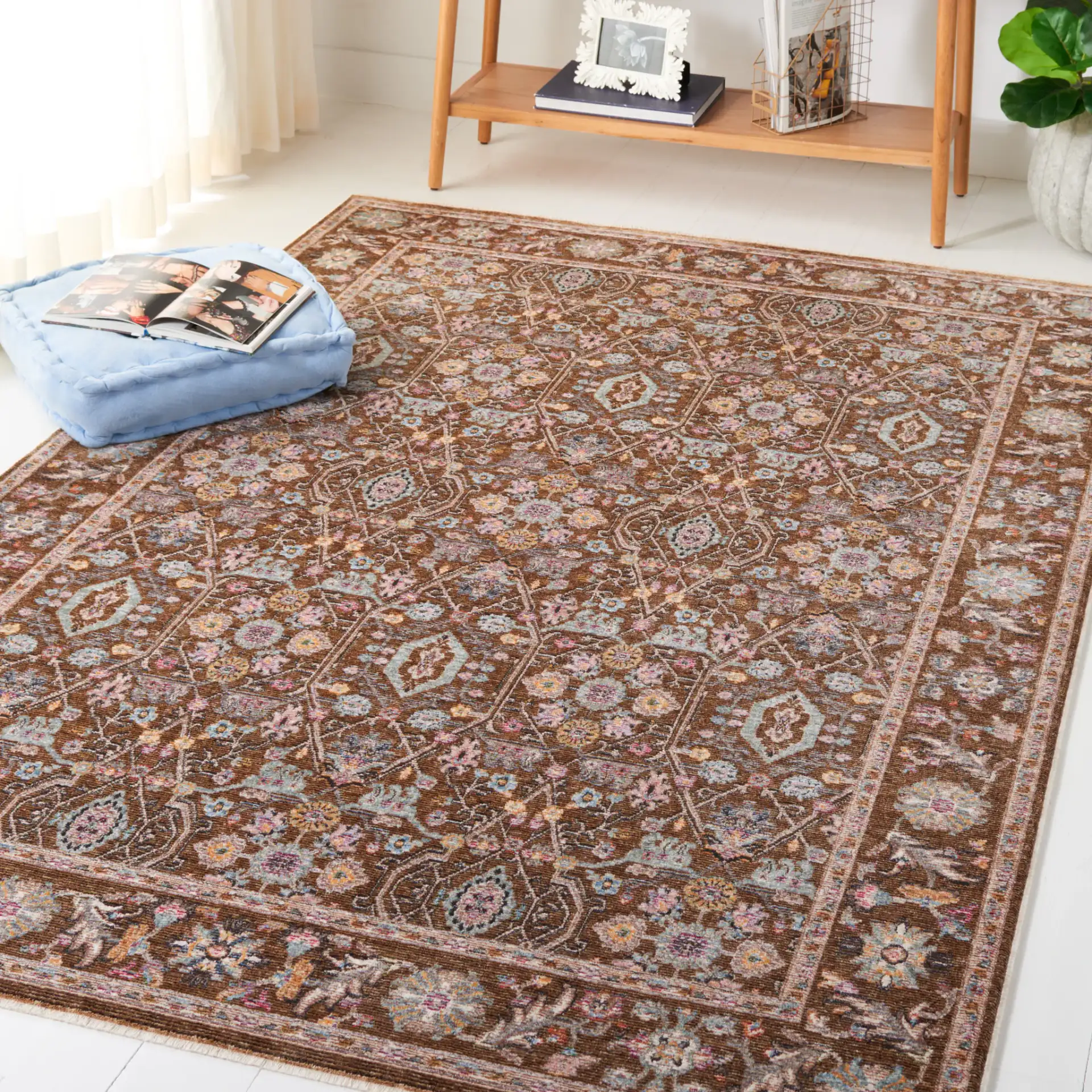 Crimson Floral Lattice Rug in Brown / Blue in a styled room