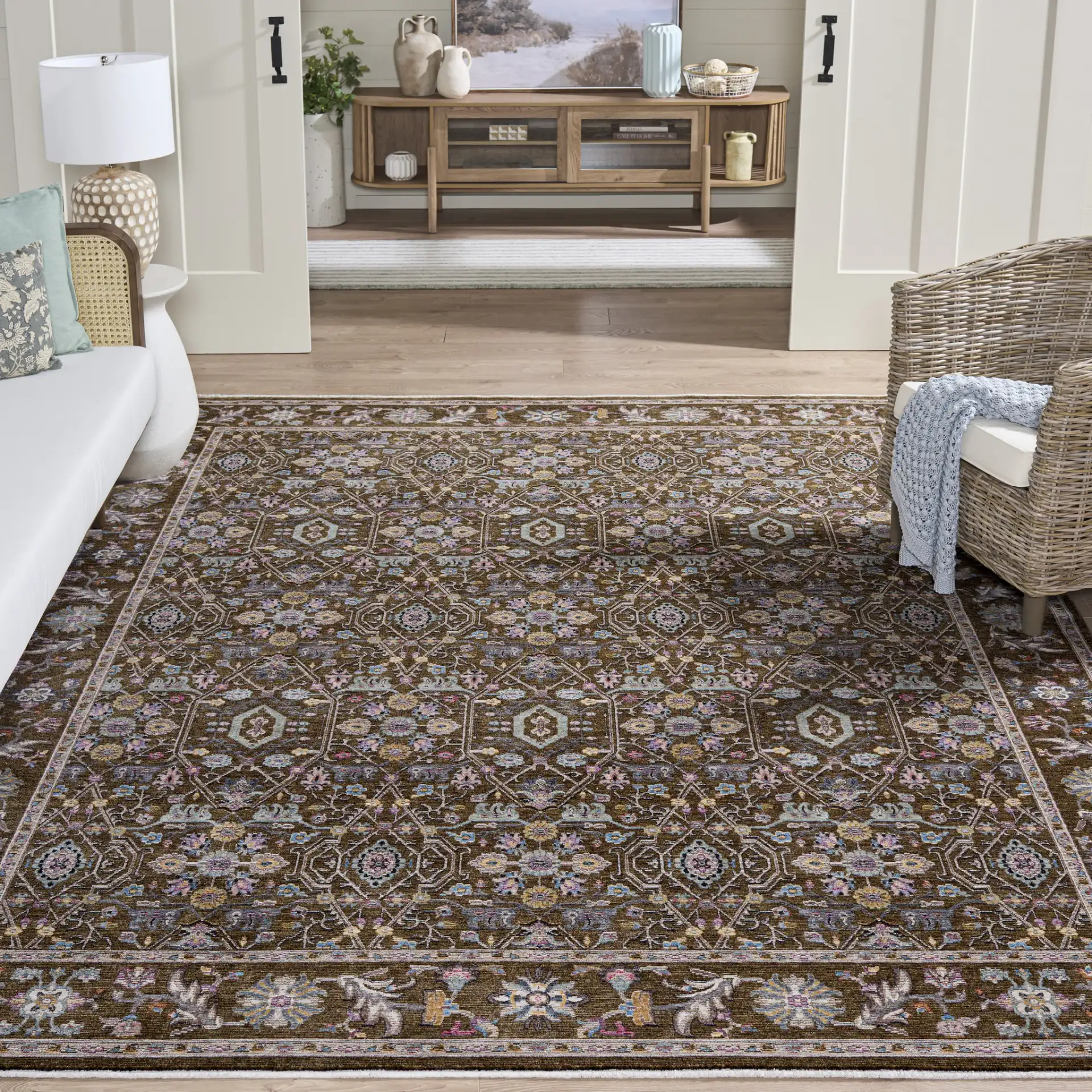 Crimson Floral Lattice Rug in Brown / Blue in a styled room