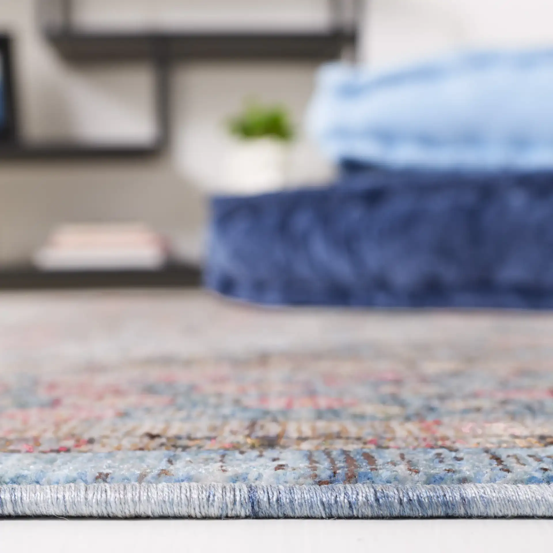 Crimson Bordered Floral Rug in Blue / Black in a styled room