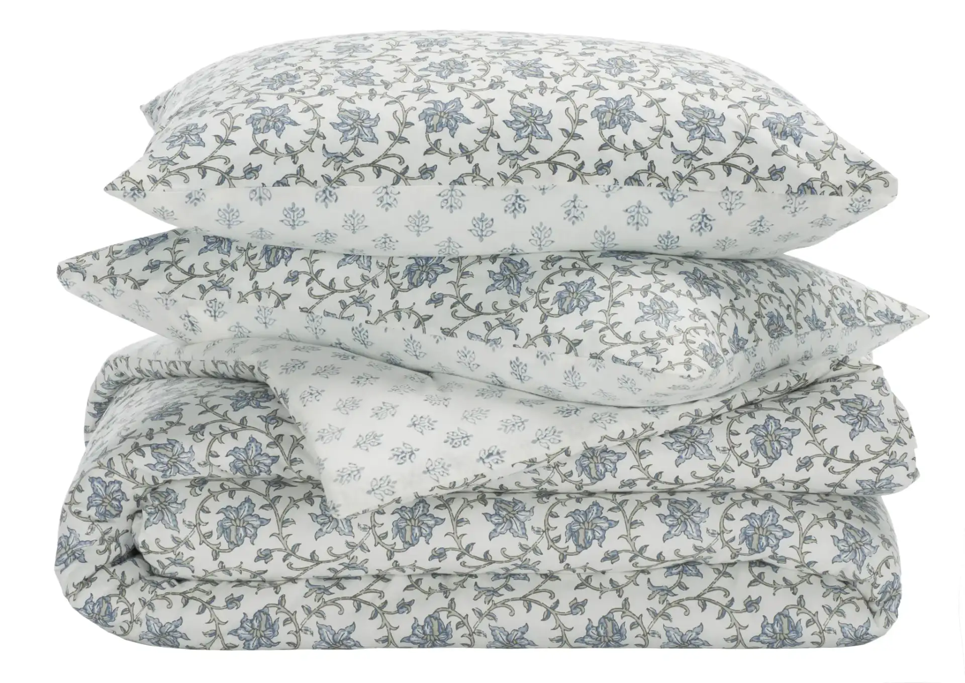 Floral Rev Comforter Set Three-Piece in Blue Mist / Sage Green