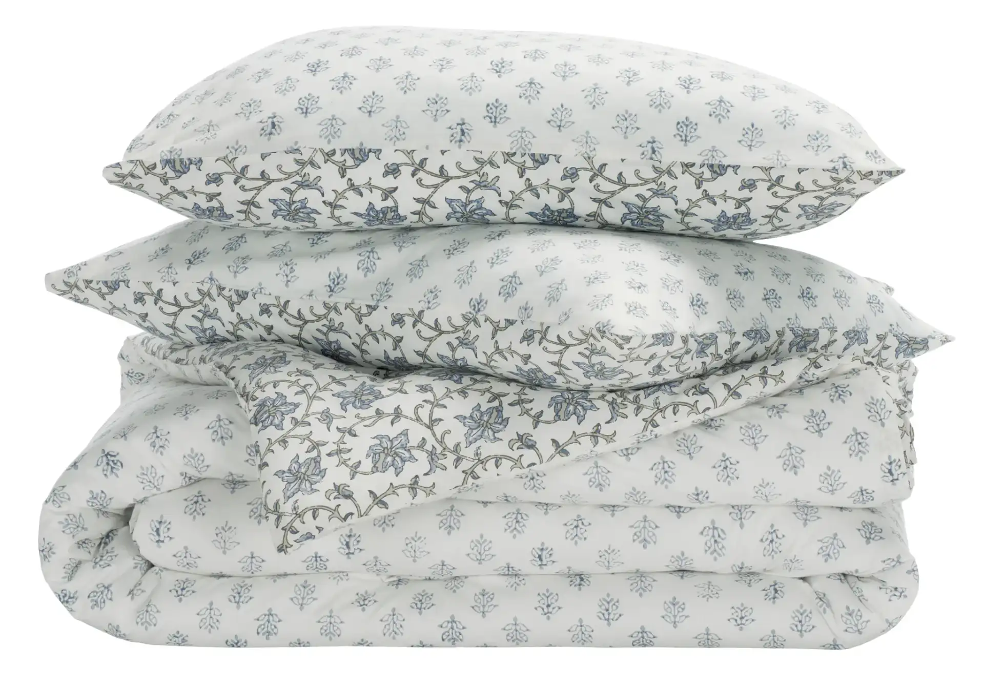 Floral Rev Comforter Set Three-Piece in Blue Mist / Sage Green, detail view