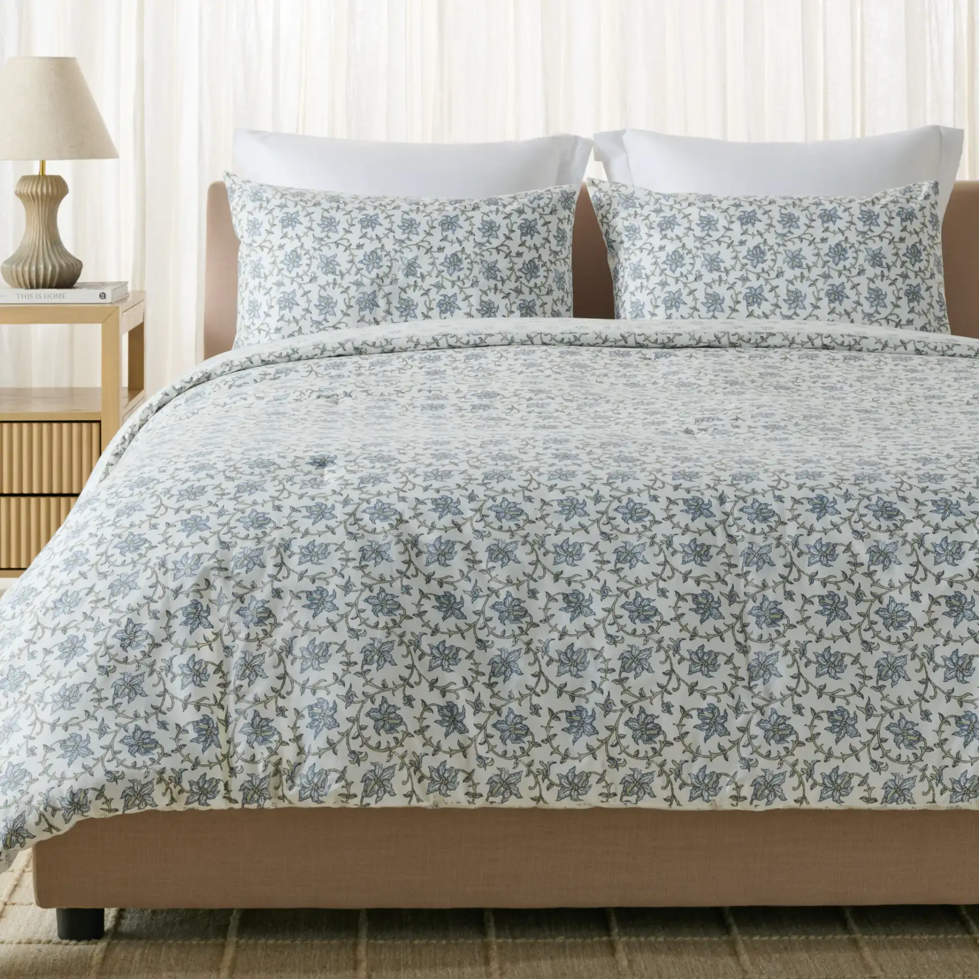 Floral Rev Comforter Set Three-Piece in Blue Mist / Sage Green in a styled room