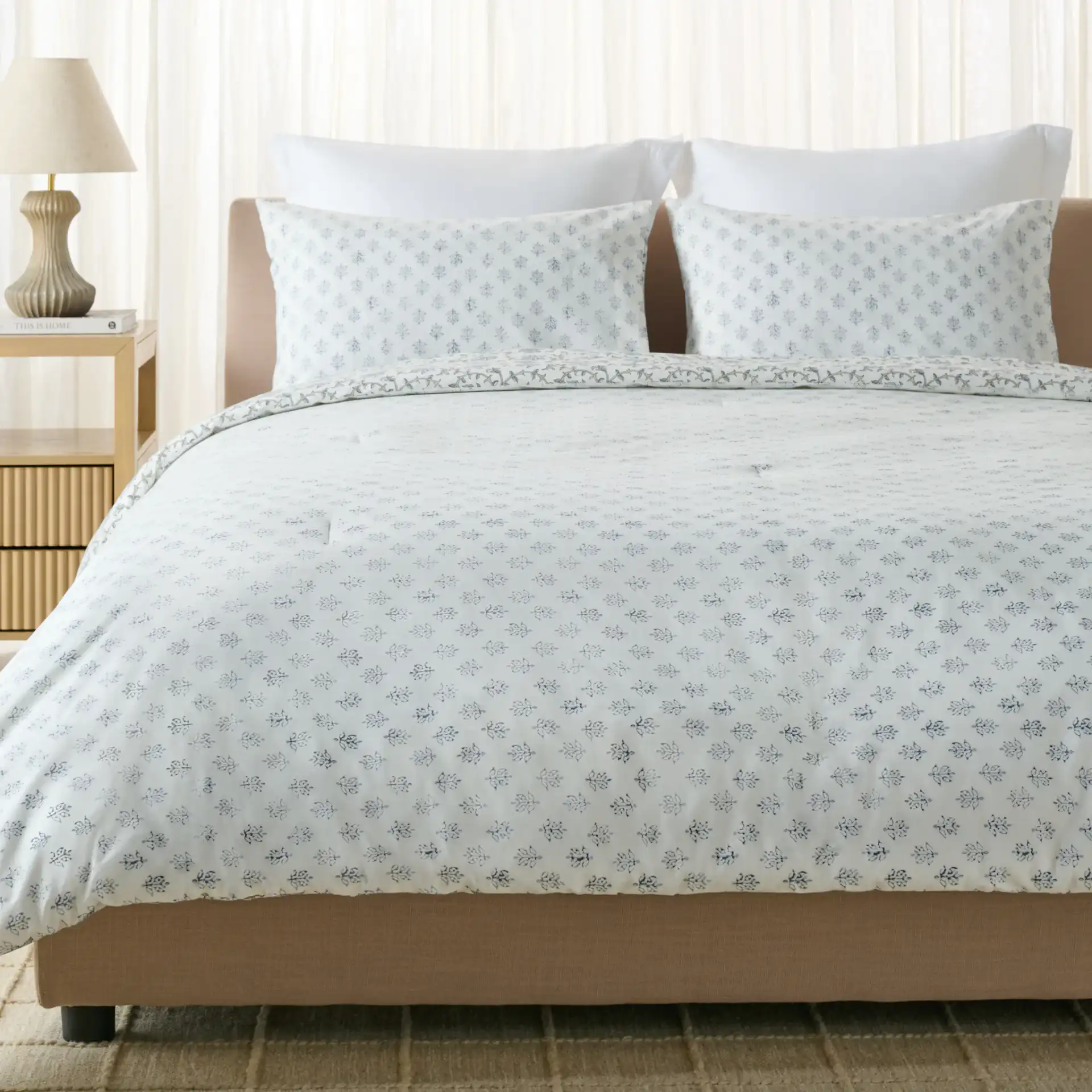 Floral Rev Comforter Set Three-Piece in Blue Mist / Sage Green in a styled room
