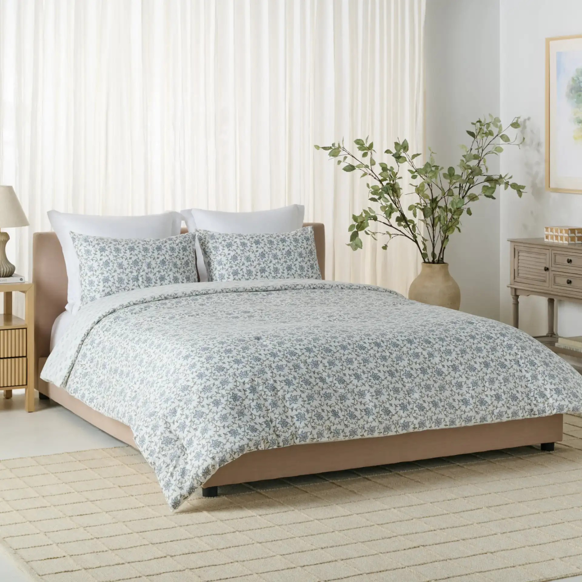 Floral Rev Comforter Set Three-Piece in Blue Mist / Sage Green in a styled room