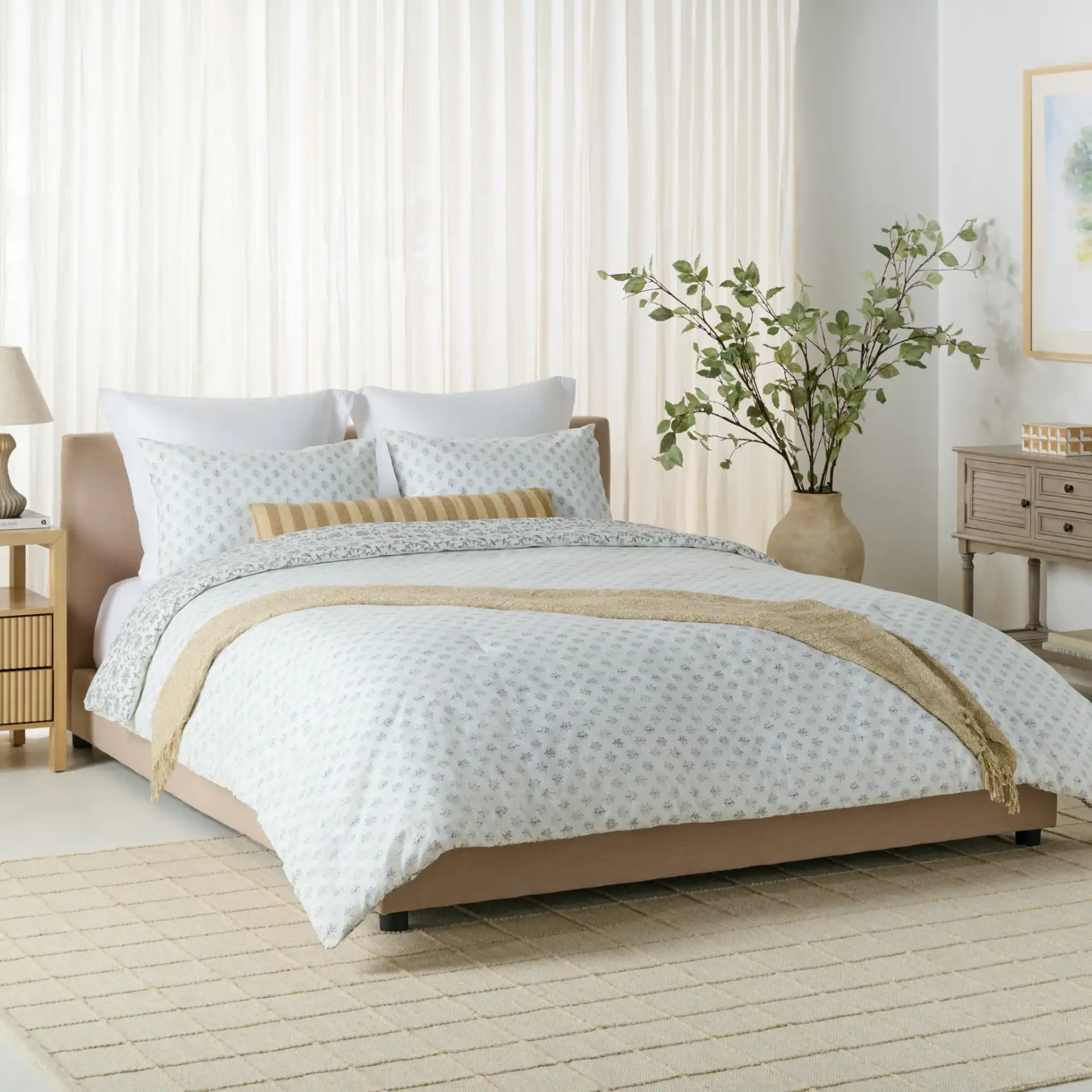 Floral Rev Comforter Set Three-Piece in Blue Mist / Sage Green, detail view