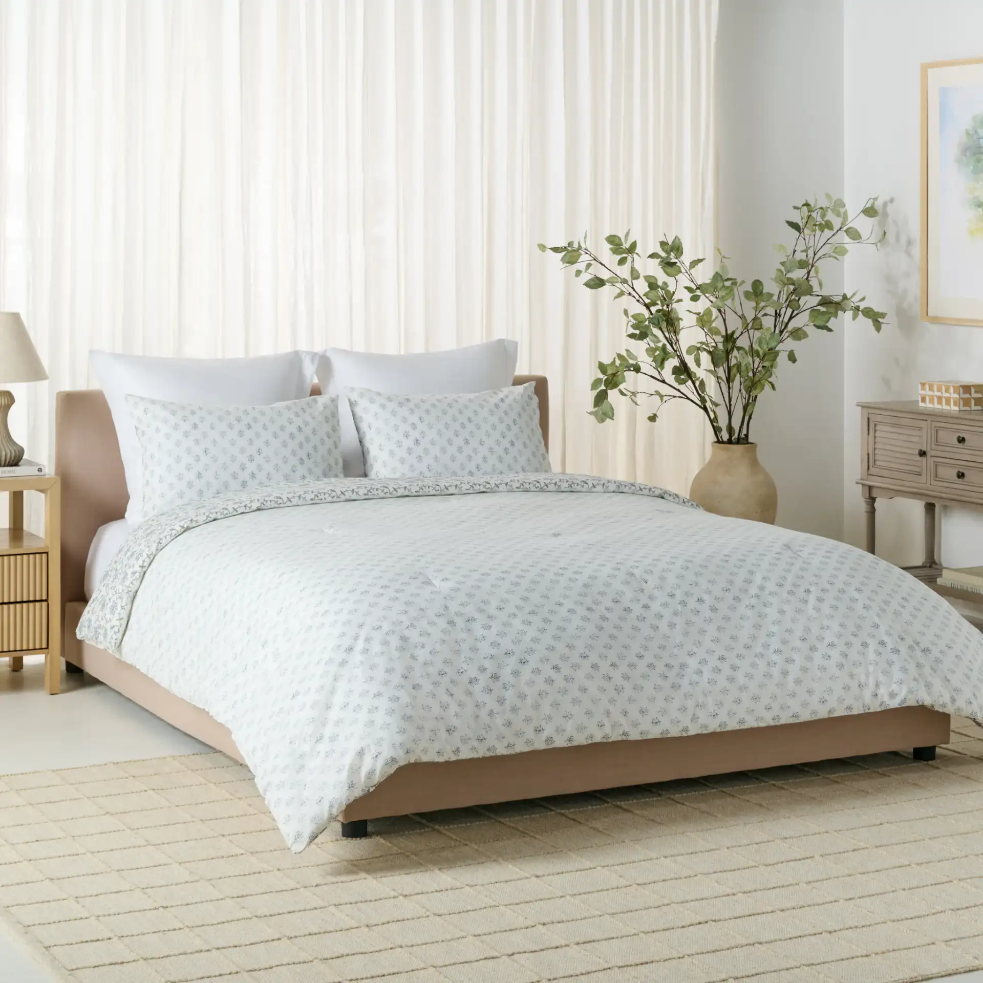 Floral Rev Comforter Set Three-Piece in Blue Mist / Sage Green, detail view