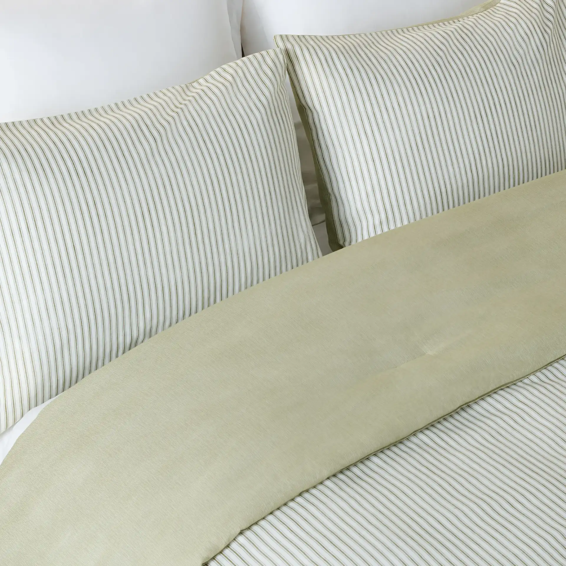 Stripe Rev Comforter Set Three-Piece in Olive / White in a styled room