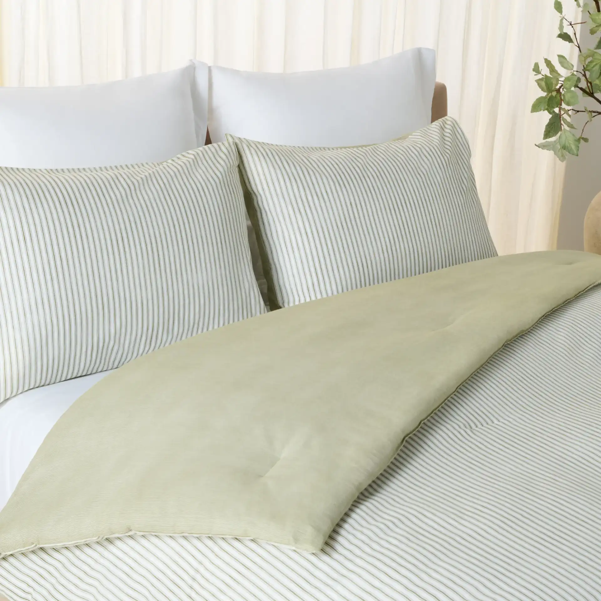 Stripe Rev Comforter Set Three-Piece in Olive / White in a styled room
