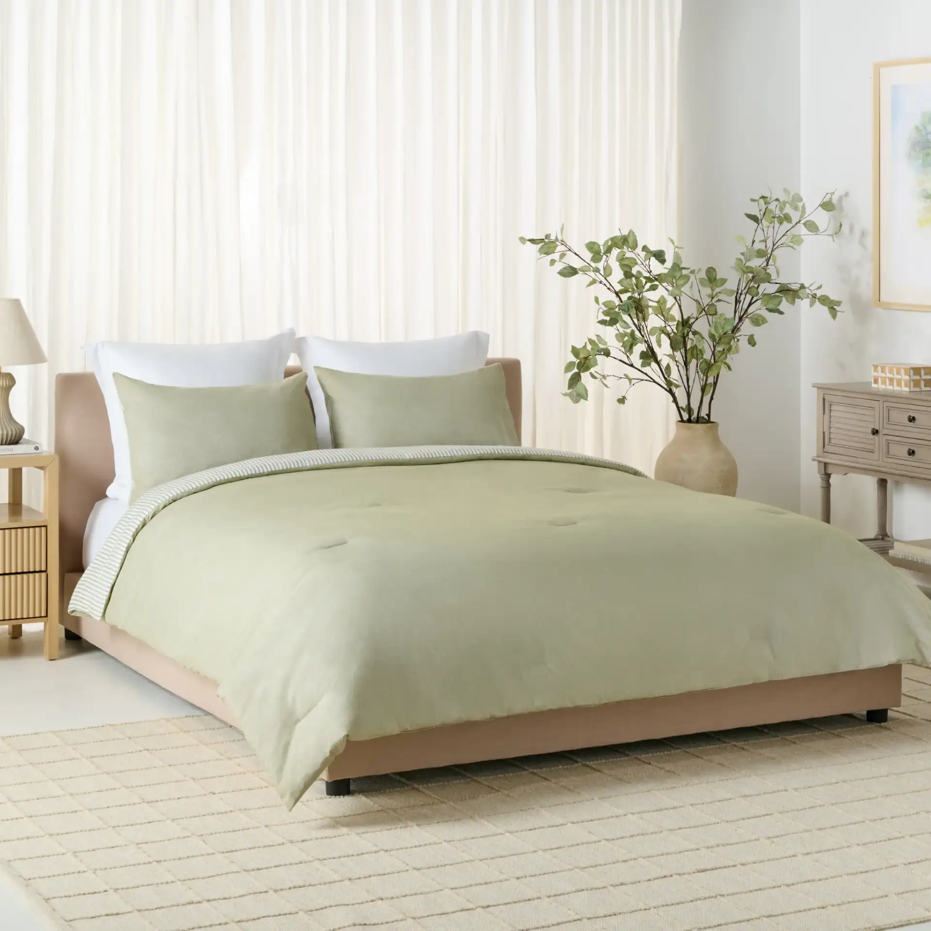Stripe Rev Comforter Set Three-Piece in Olive / White in a styled room