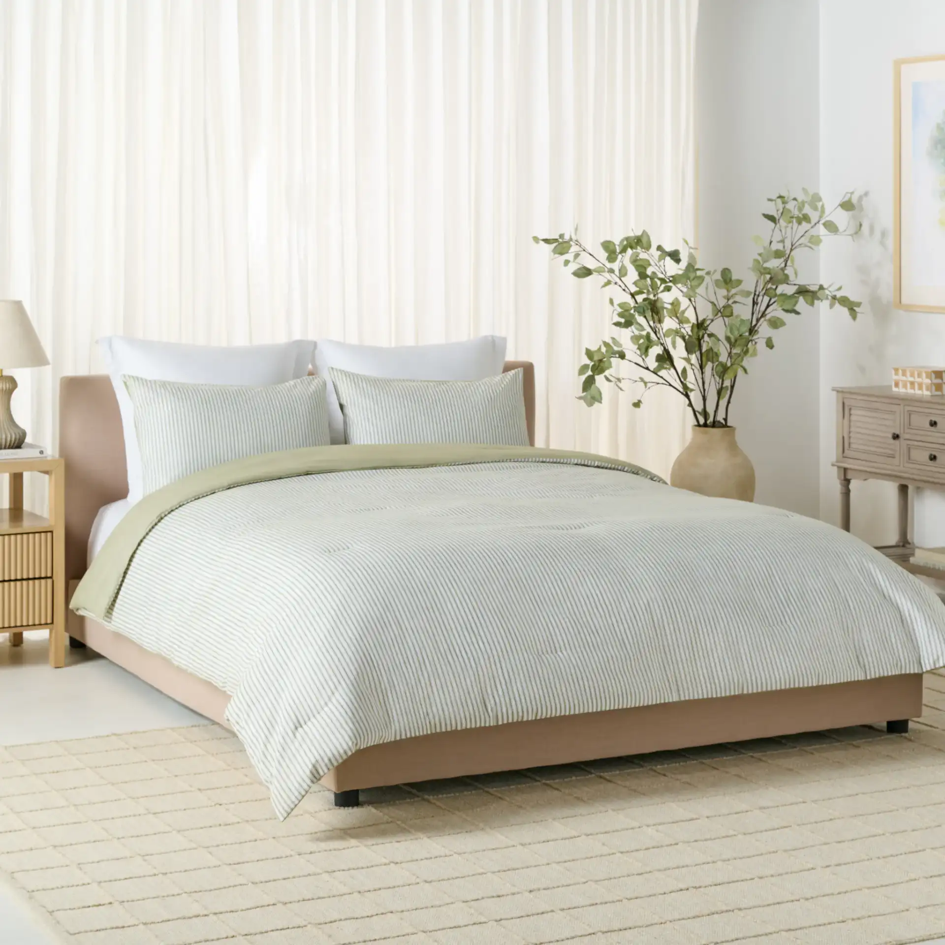Stripe Rev Comforter Set Three-Piece in Olive / White, detail view