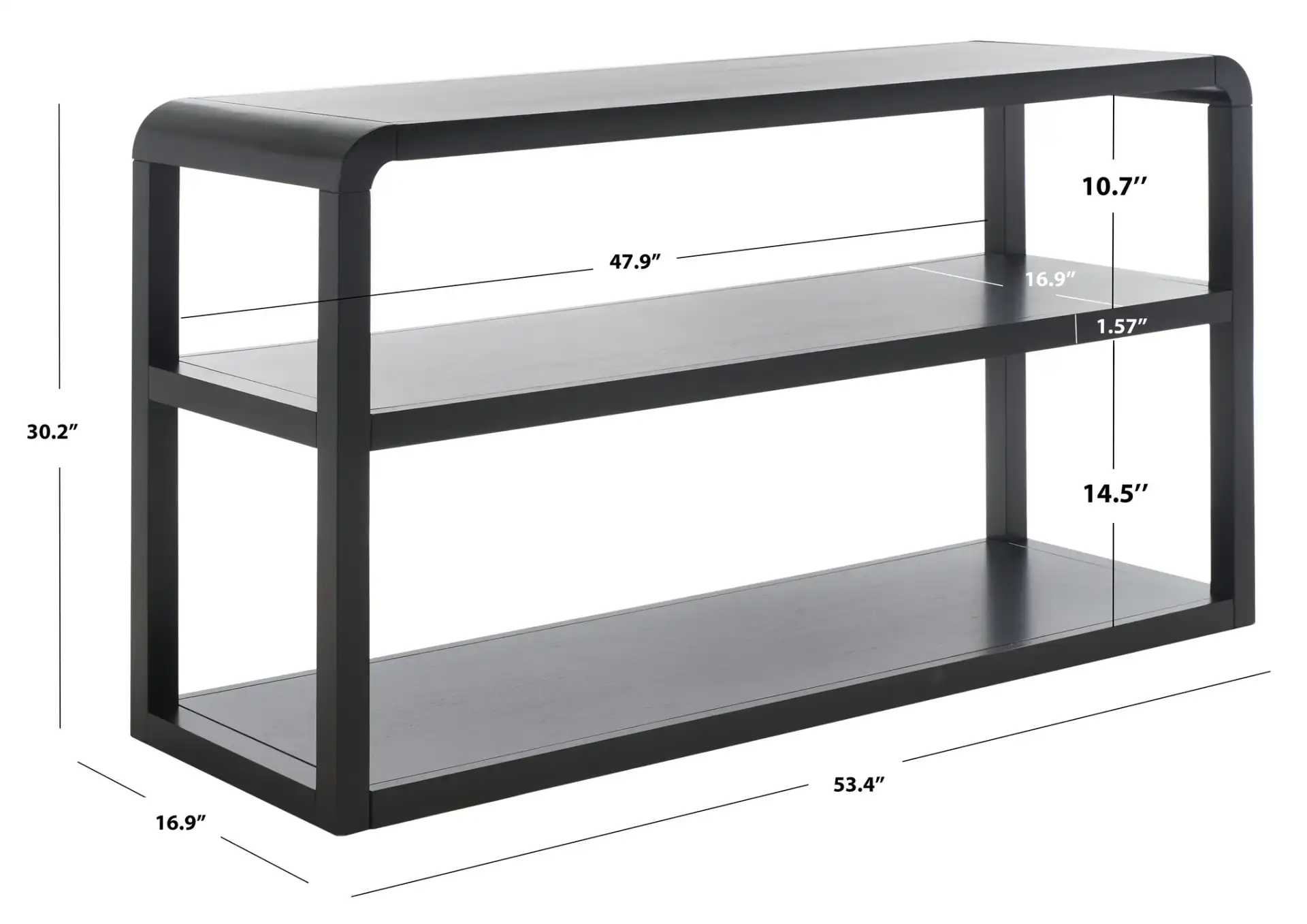 Omara Three-Tier Console Table in Black, detail view