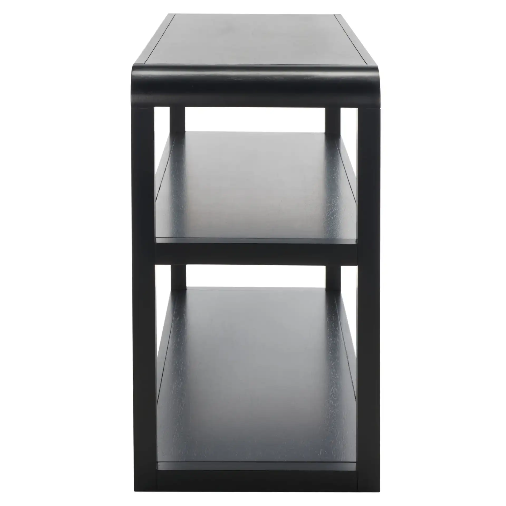Omara Three-Tier Console Table in Black, detail view