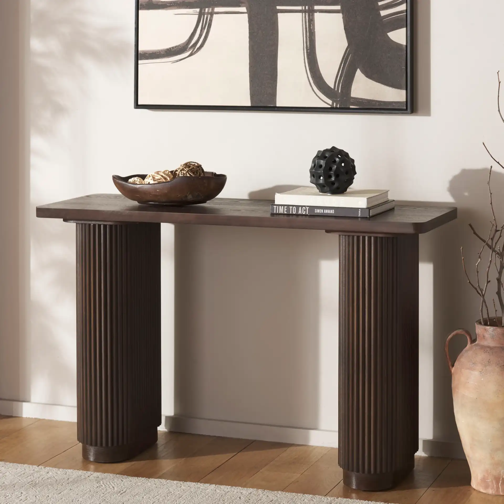Berai Console Table in Dark Brown in a styled room