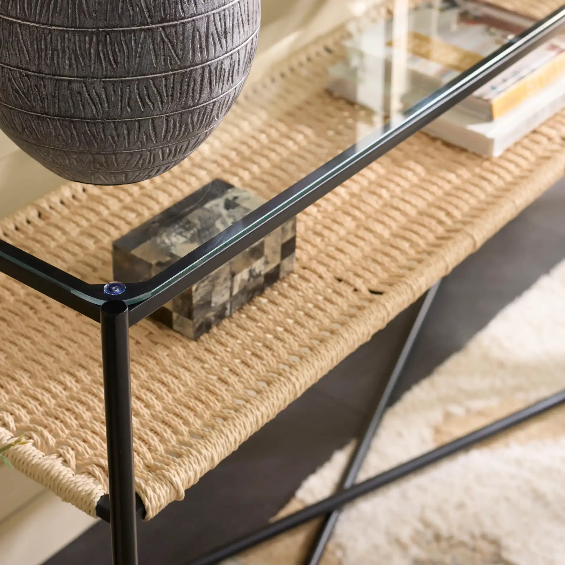 Omaka One-Shelf Console Table in Natural / Black in a styled room