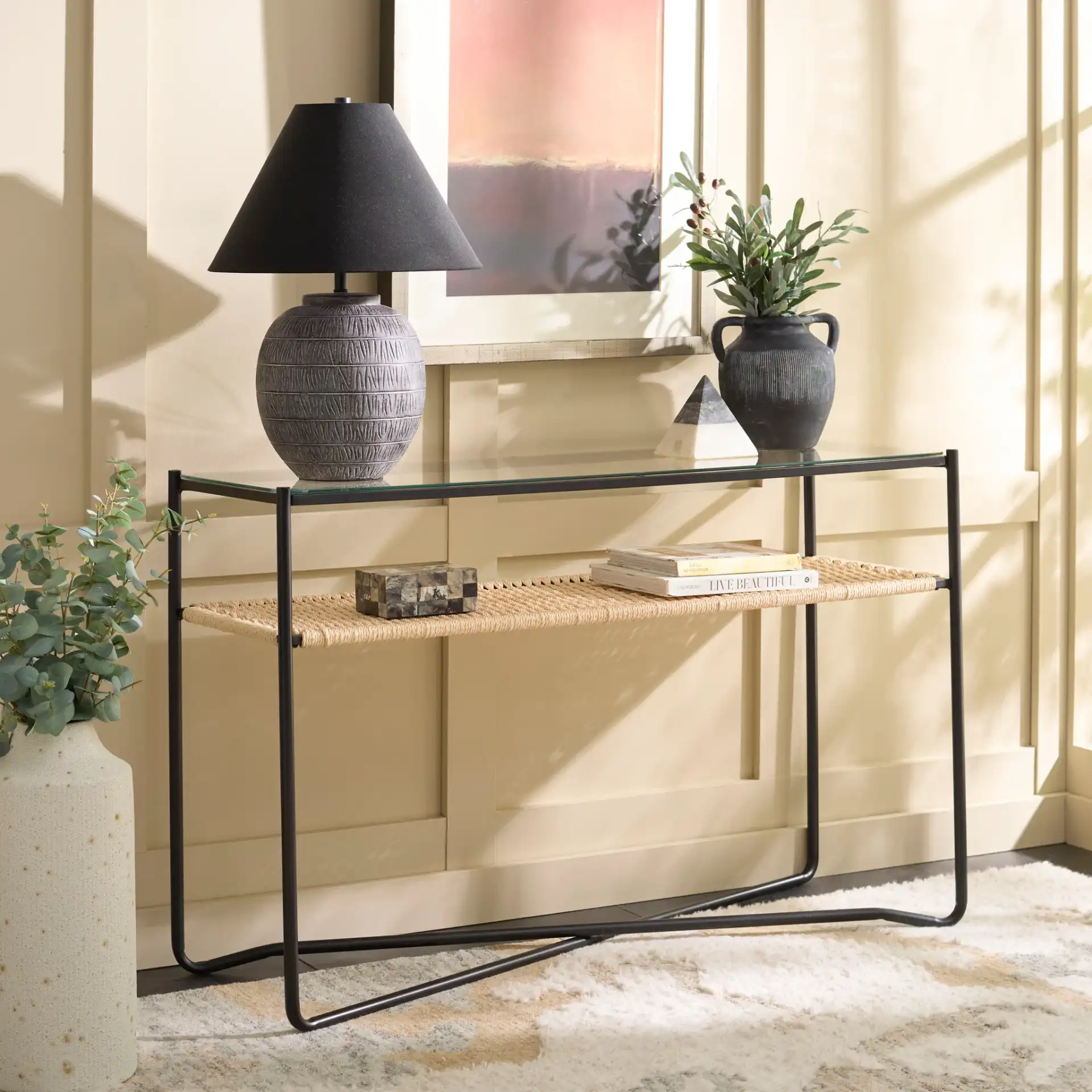 Omaka One-Shelf Console Table in Natural / Black in a styled room