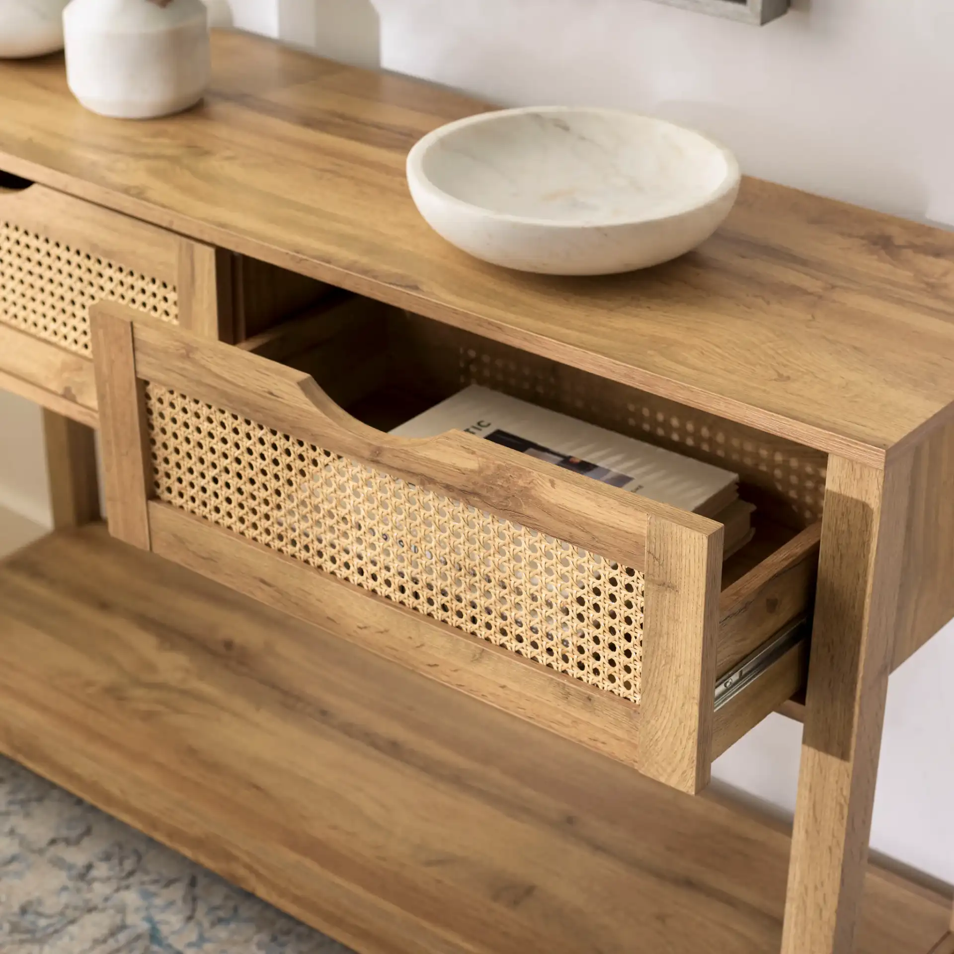 Seeley Two-Drawer Console Table in Oak in a styled room