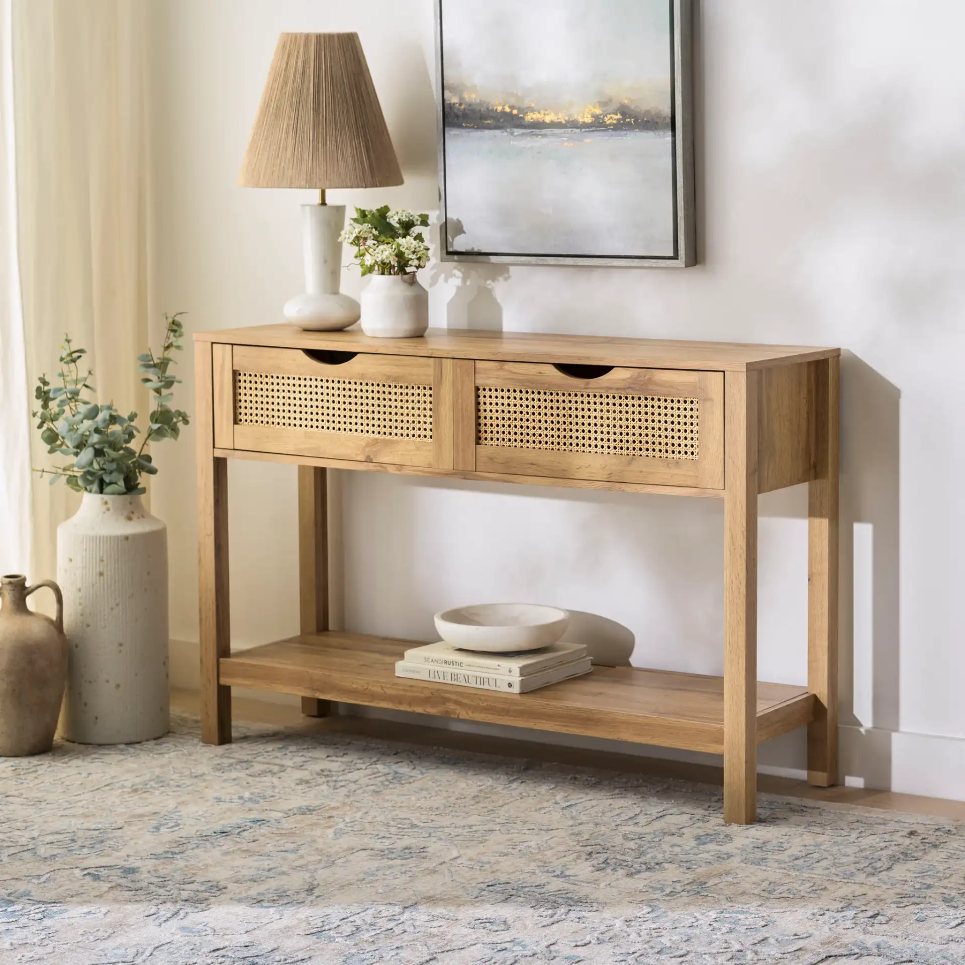Seeley Two-Drawer Console Table in Oak in a styled room