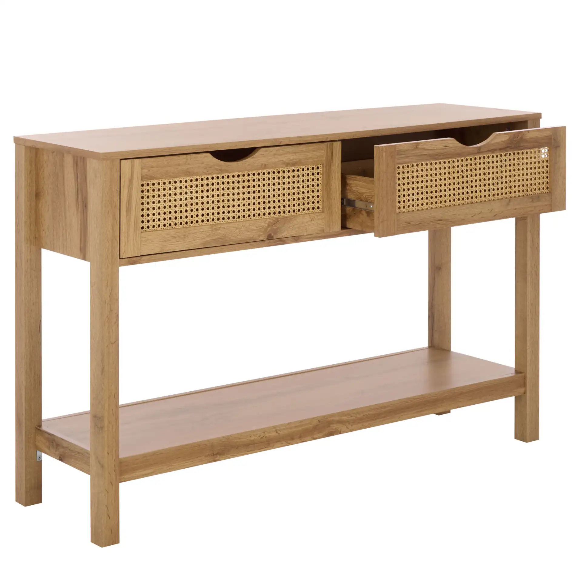Seeley Two-Drawer Console Table in Oak, detail view