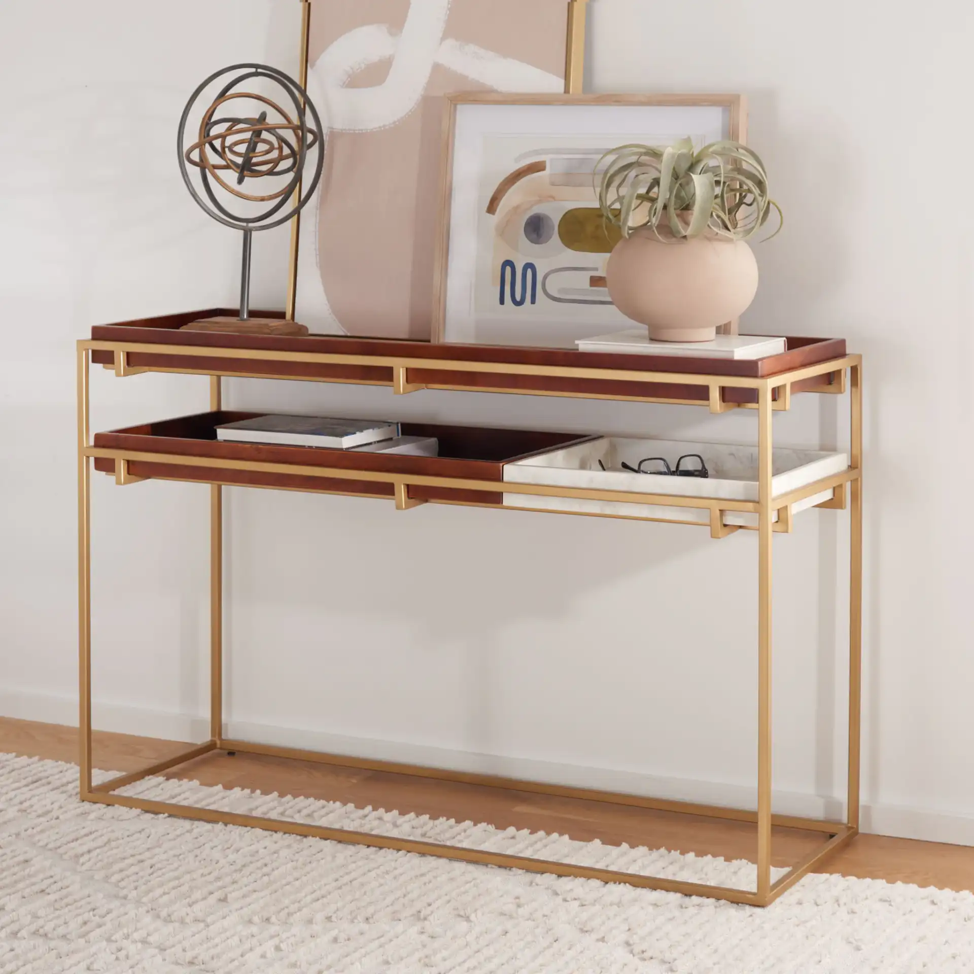 Akari Marble Console Table in Brown / White in a styled room