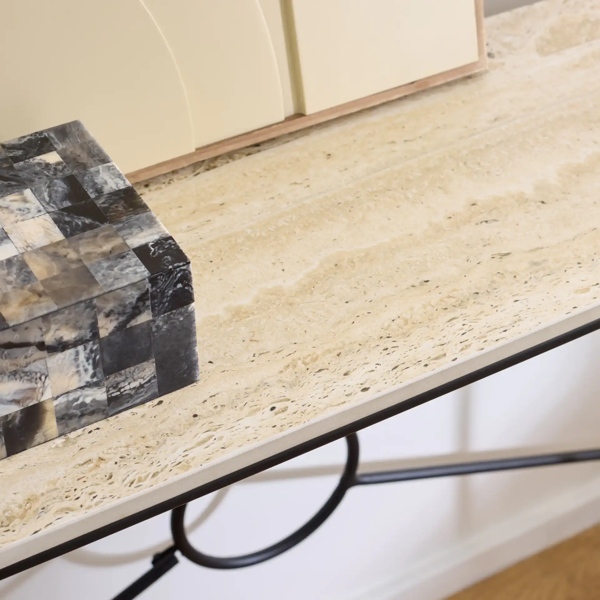 Lenin Ceramic Console Table in Beige / Black in a styled room