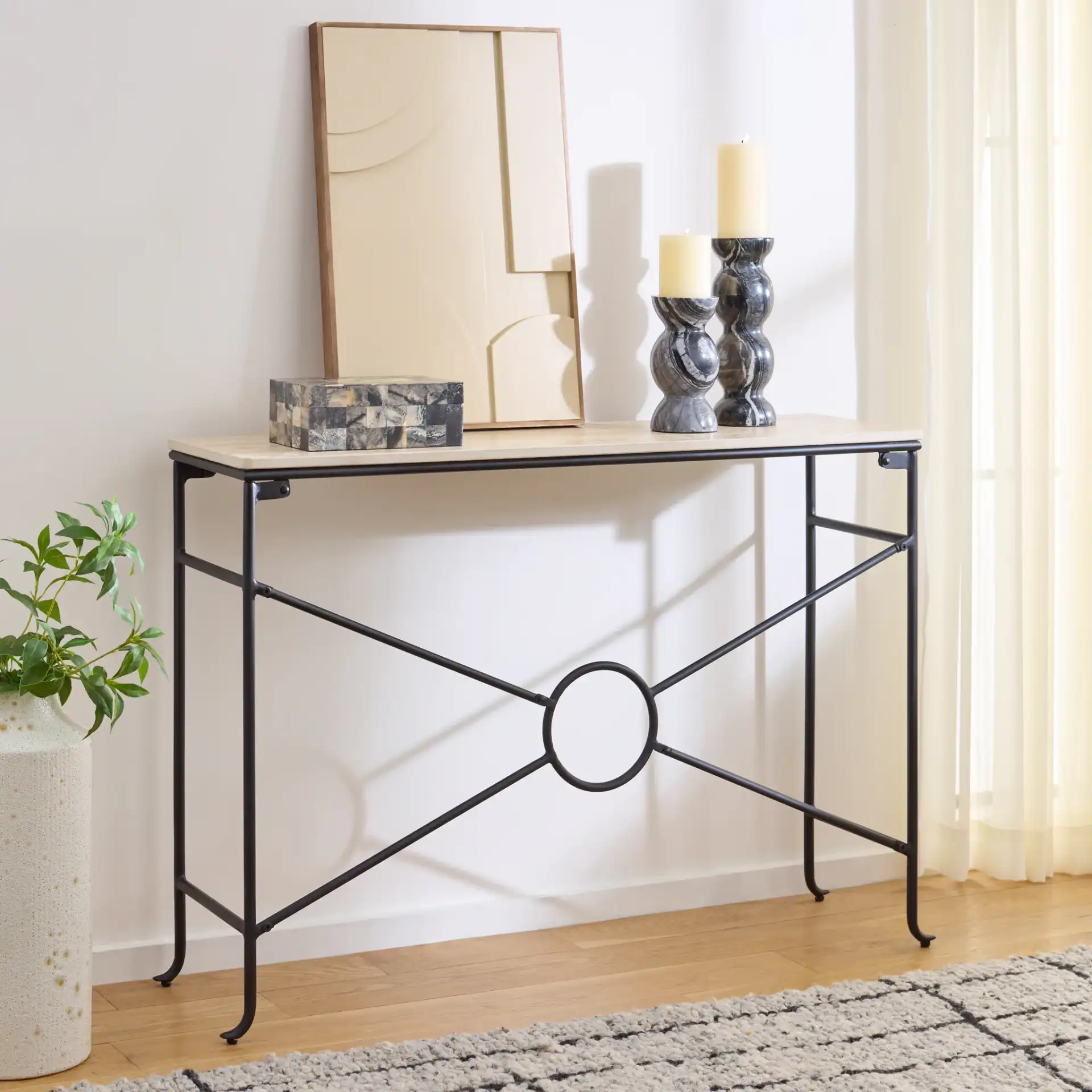 Lenin Ceramic Console Table in Beige / Black in a styled room