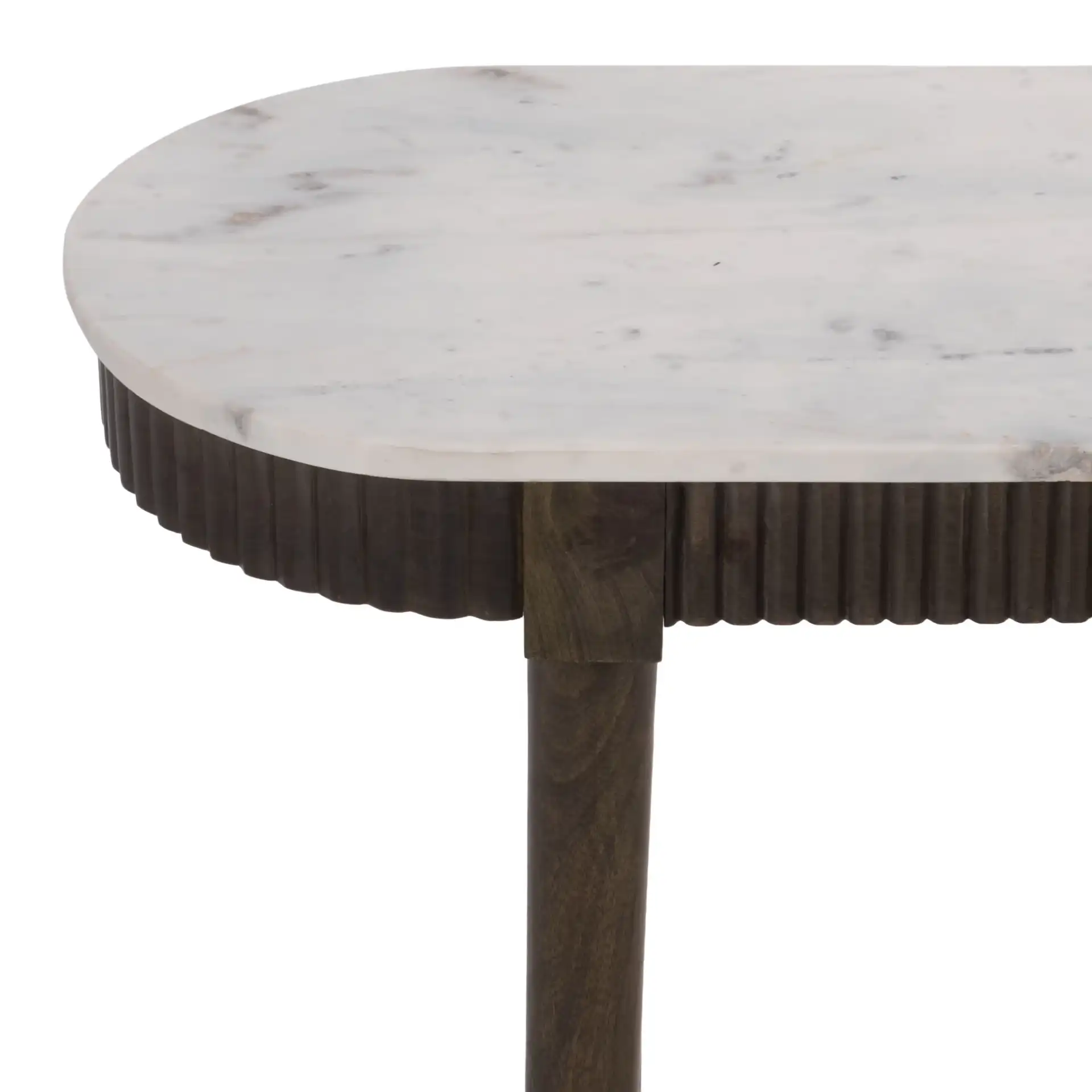 Lorraine Marble Console Table in Smokey Gray Brown / White in a styled room