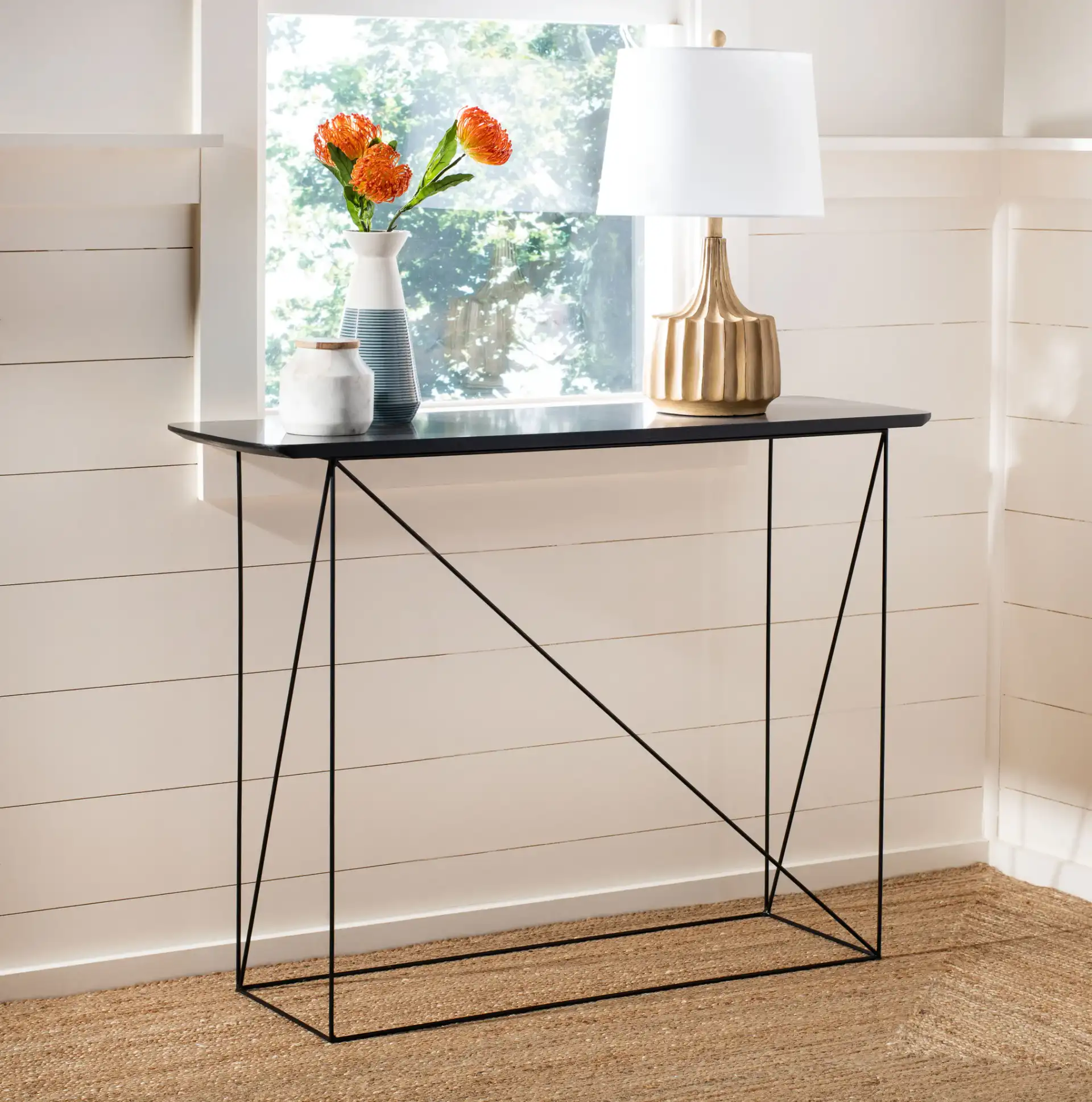 Rylee Rectangle Console Table in Dark Gray / Black in a styled room