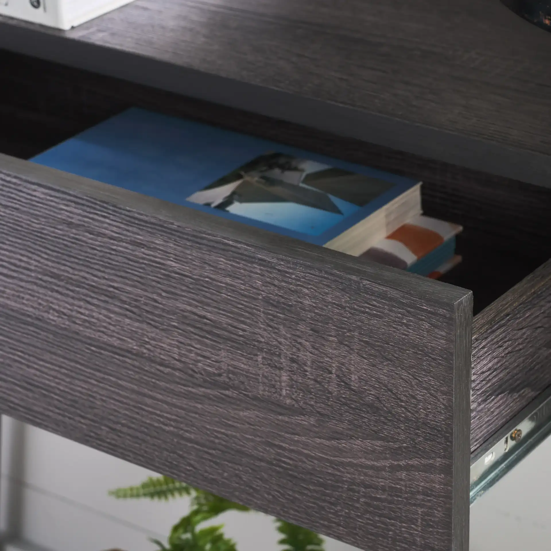 Margaux Console Table in Dark Gray Oak / Black in a styled room