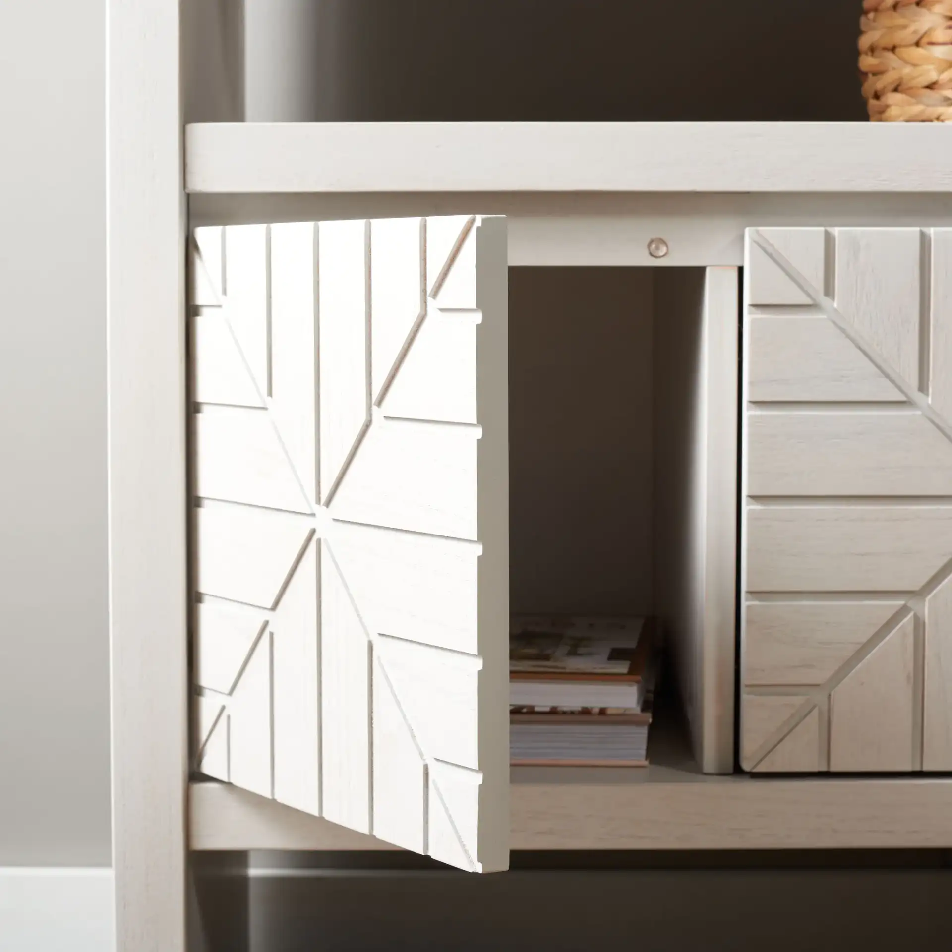 Zella Four-Door Console Table in White Washed in a styled room