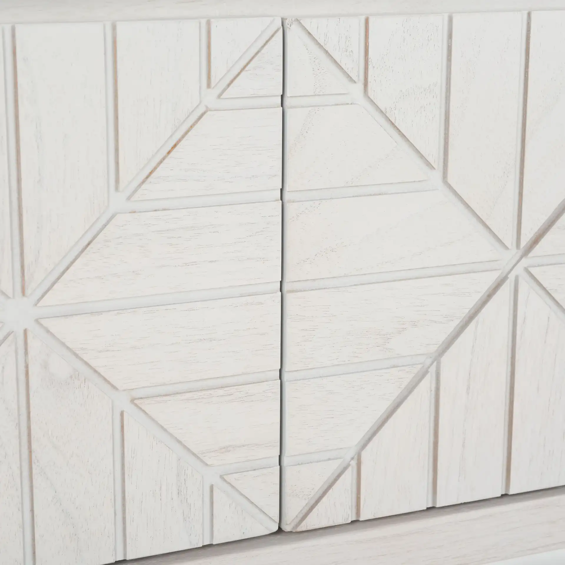 Zella Four-Door Console Table in White Washed in a styled room