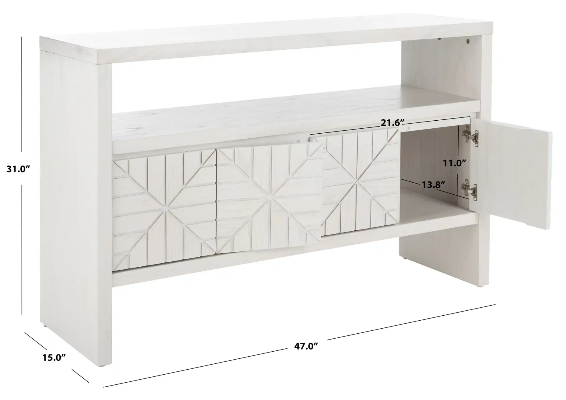 Zella Four-Door Console Table in White Washed, detail view