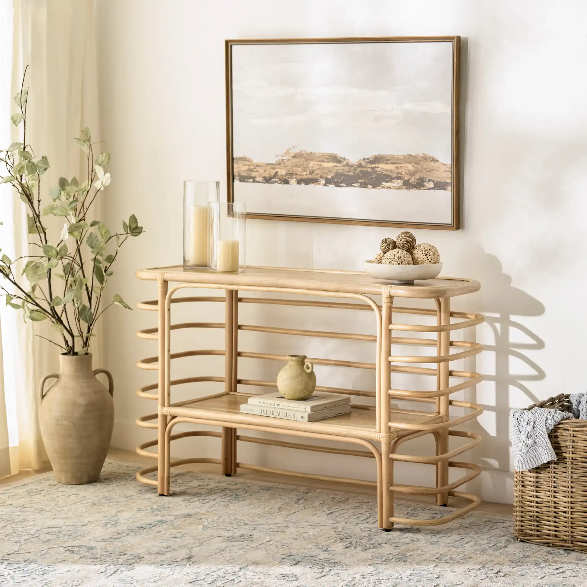 Maestro Console Table in Natural in a styled room