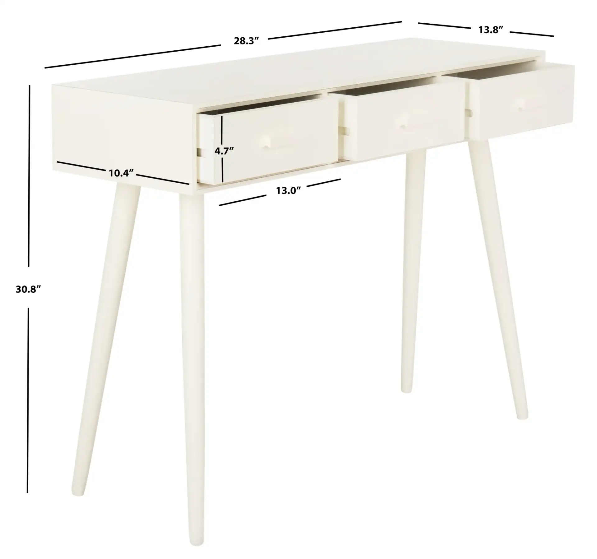 Albus Three-Drawer Console Table in Antique White, detail view