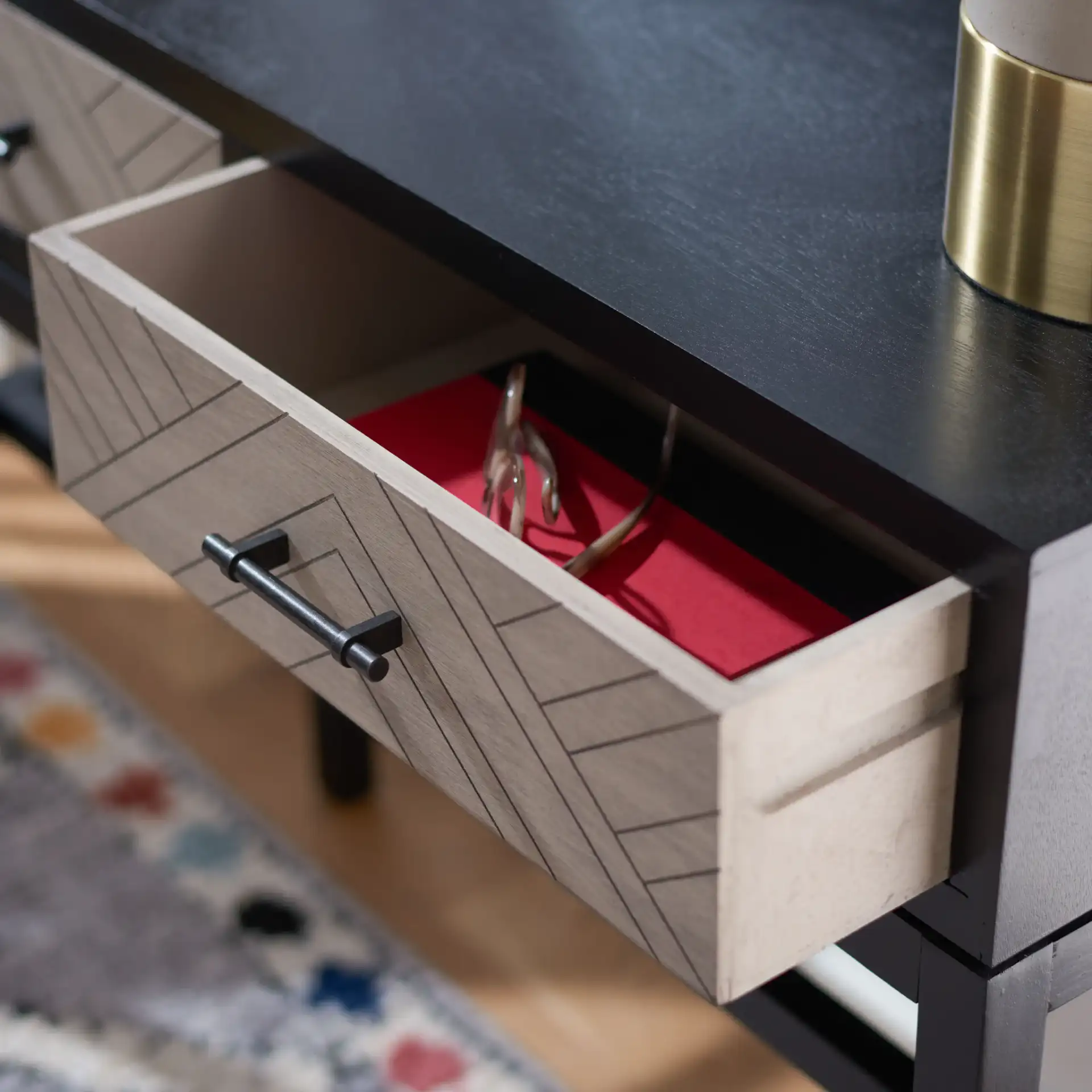 Ajana Two-Drawer Console Table in Black / Greige, detail view