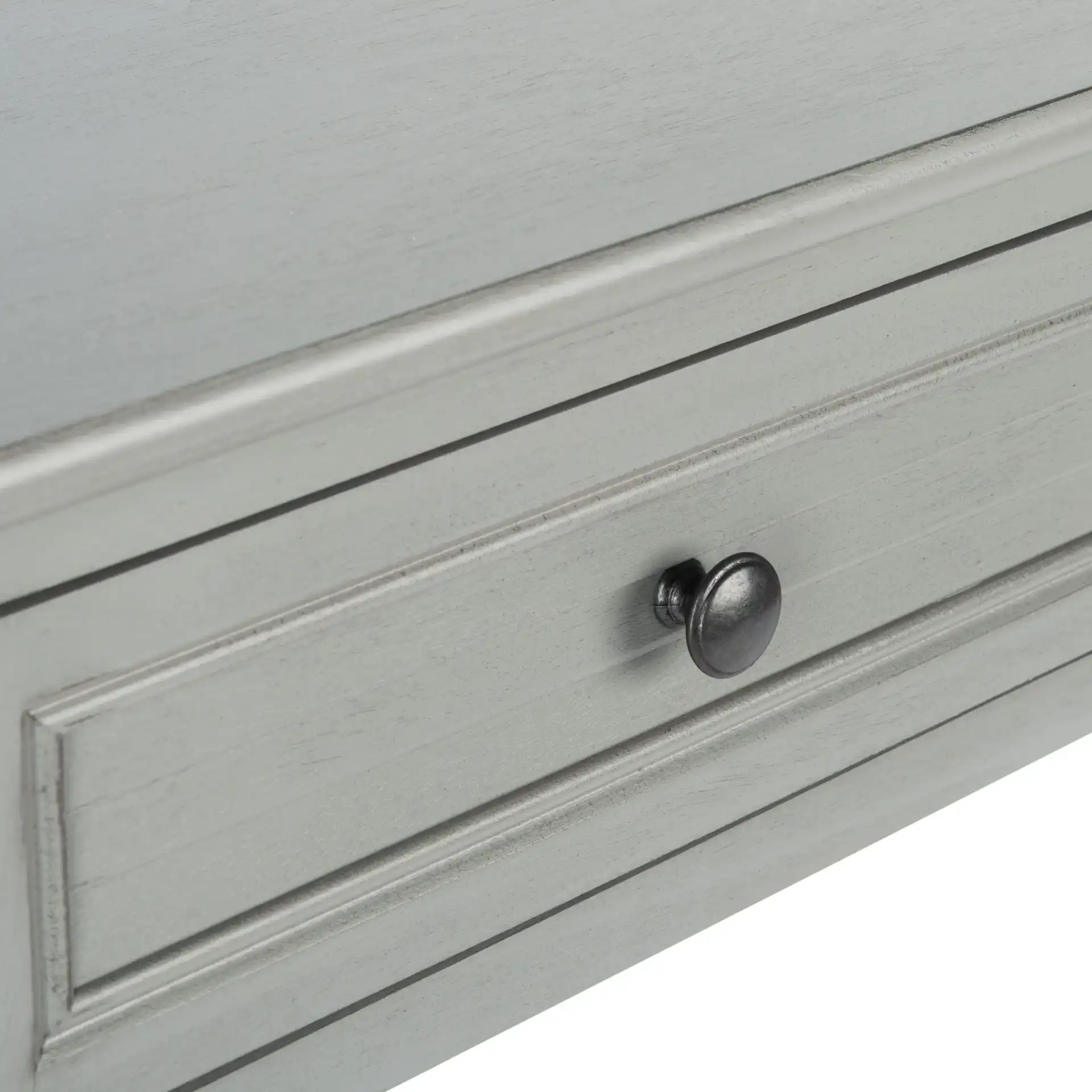 Tate Two-Drawer Console Table in Distressed Gray in a styled room