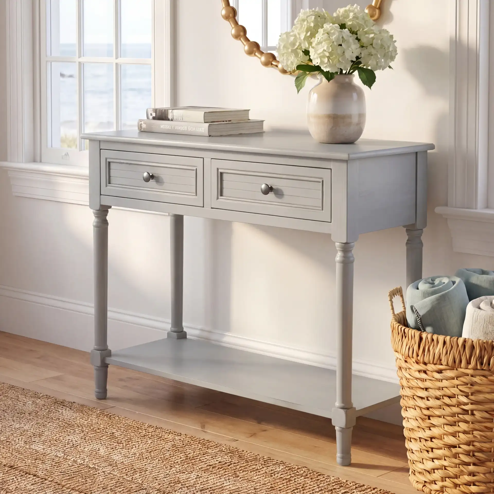 Tate Two-Drawer Console Table in Distressed Gray in a styled room