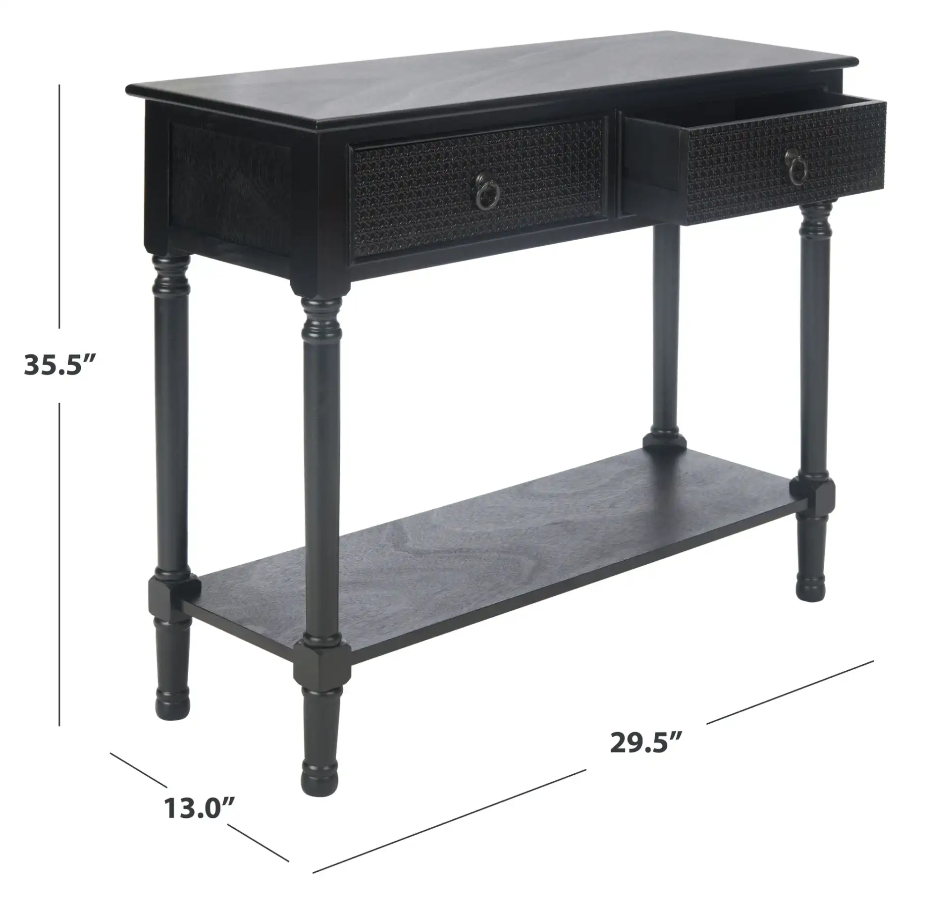 Haines Two-Drawer Console Table in Black, detail view